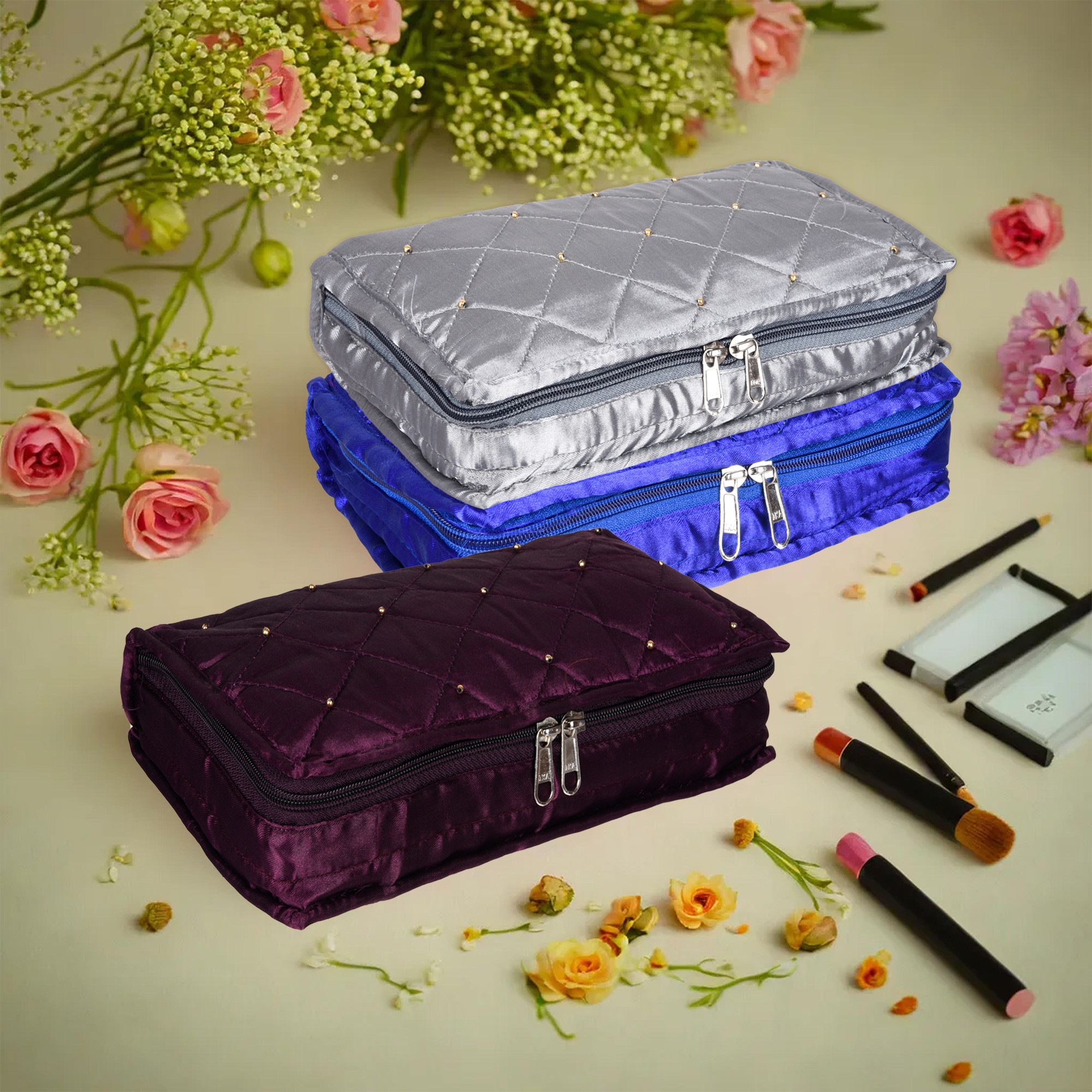 Kuber Industries Makeup Storage Bag | Vanity Organizer | Makeup Pouch | Pendant Organizer | Cosmetic Kit for Travel | 6 Pouch Organizer | Moti Jewellery Organizer | Large | Pack of 3 | Multi