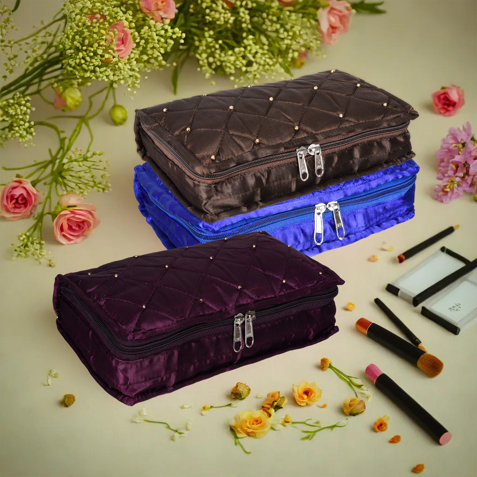 Kuber Industries Makeup Storage Bag | Vanity Organizer | Makeup Pouch | Pendant Organizer | Cosmetic Kit for Travel | 6 Pouch Organizer | Moti Jewellery Organizer | Large | Pack of 3 | Multi