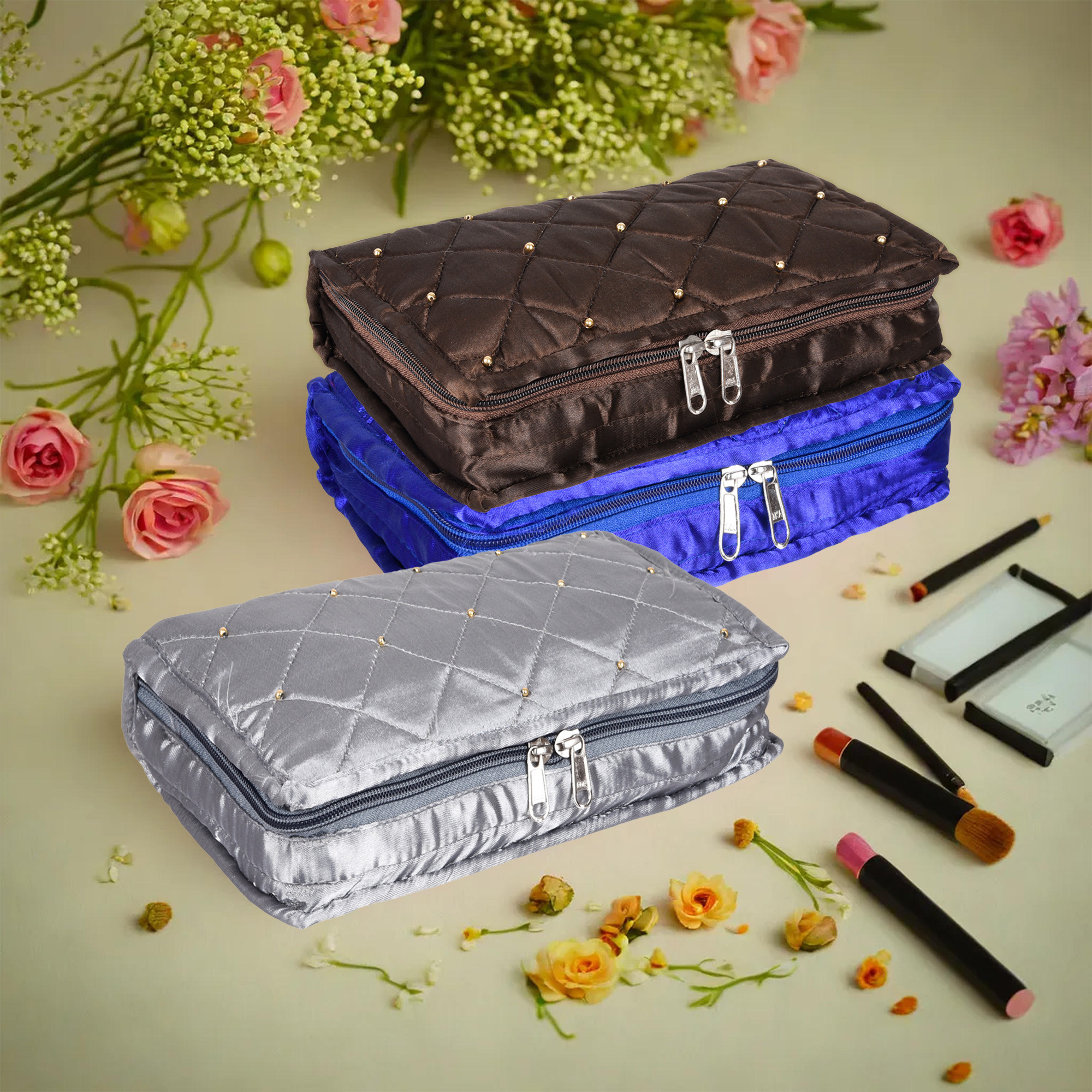 Kuber Industries Makeup Storage Bag | Vanity Organizer | Makeup Pouch | Pendant Organizer | Cosmetic Kit for Travel | 6 Pouch Organizer | Moti Jewellery Organizer | Large | Pack of 3 | Multi