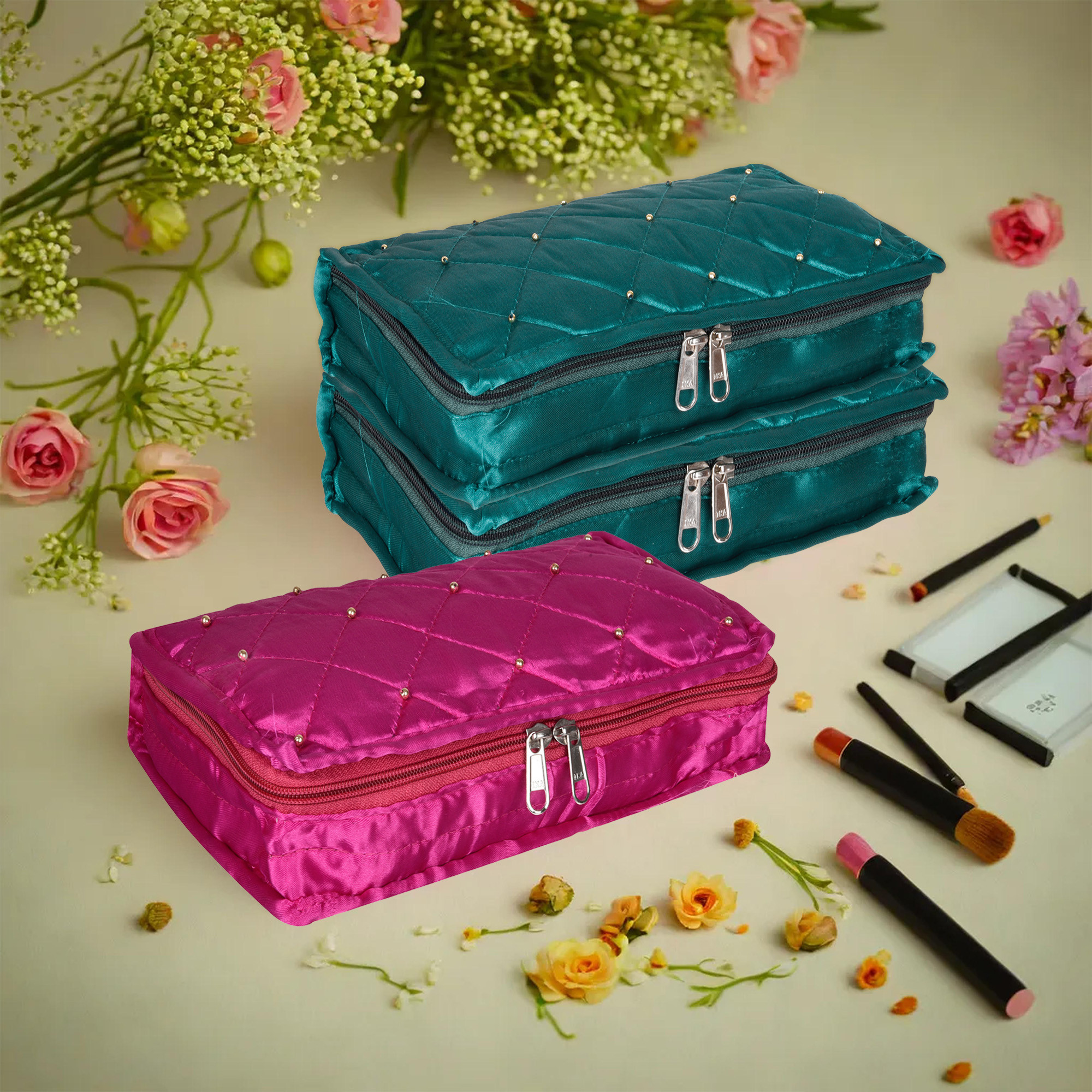 Kuber Industries Makeup Storage Bag | Vanity Organizer | Makeup Pouch | Pendant Organizer | Cosmetic Kit for Travel | 6 Pouch Organizer | Moti Jewellery Organizer | Large | Pack of 3 | Multi