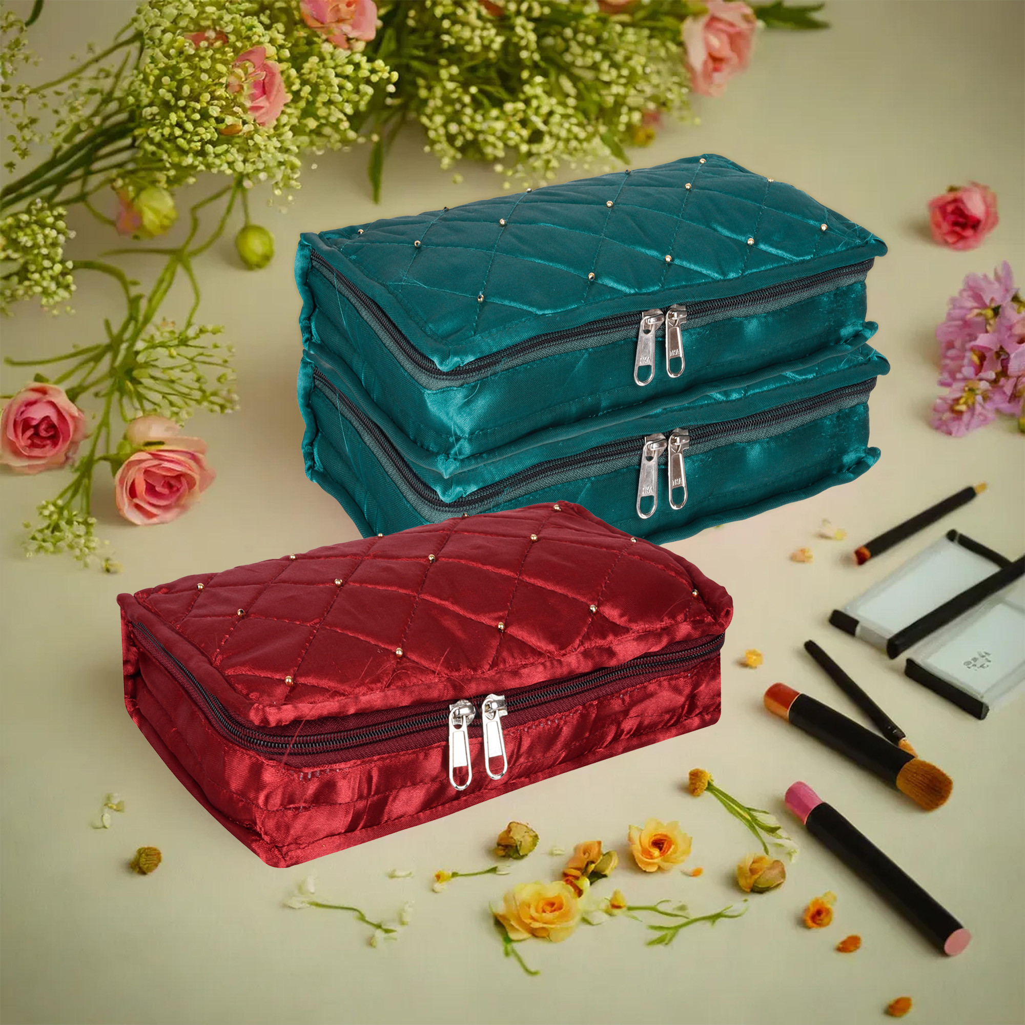 Kuber Industries Makeup Storage Bag | Vanity Organizer | Makeup Pouch | Pendant Organizer | Cosmetic Kit for Travel | 6 Pouch Organizer | Moti Jewellery Organizer | Large | Pack of 3 | Multi