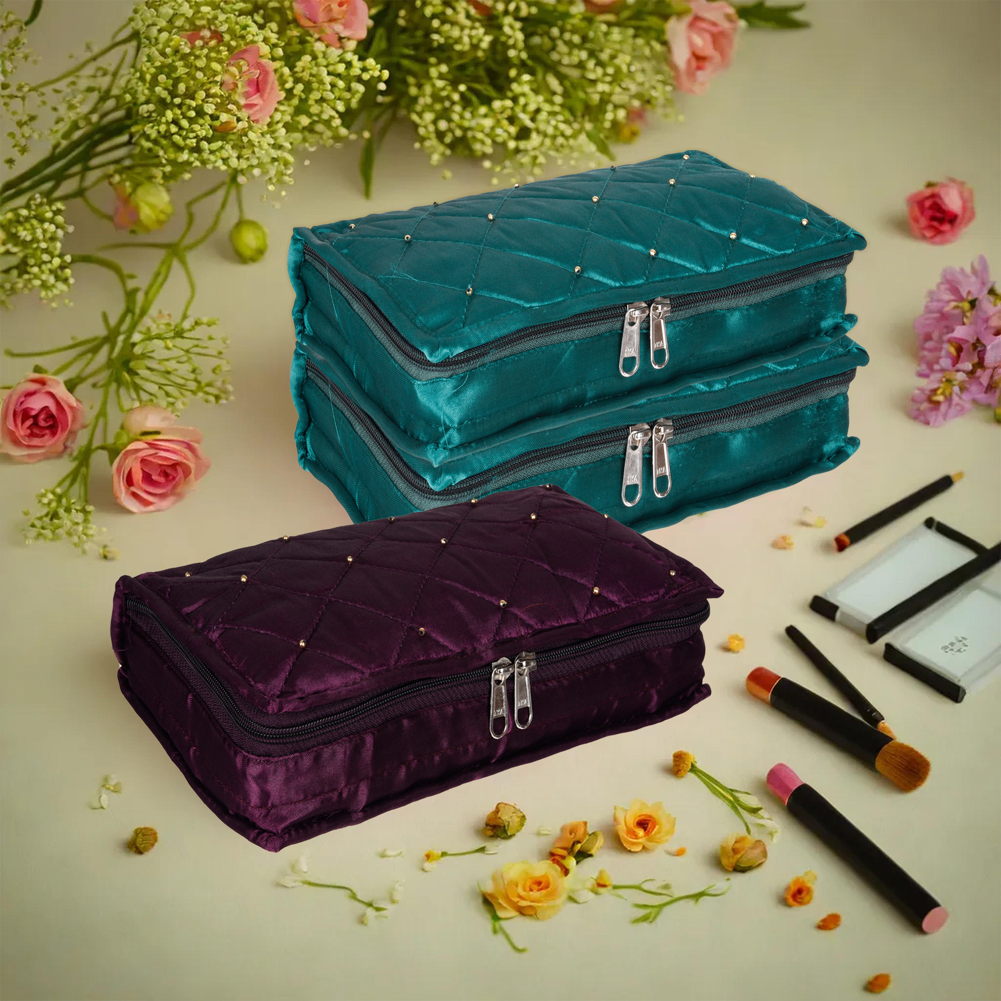 Kuber Industries Makeup Storage Bag | Vanity Organizer | Makeup Pouch | Pendant Organizer | Cosmetic Kit for Travel | 6 Pouch Organizer | Moti Jewellery Organizer | Large | Pack of 3 | Multi