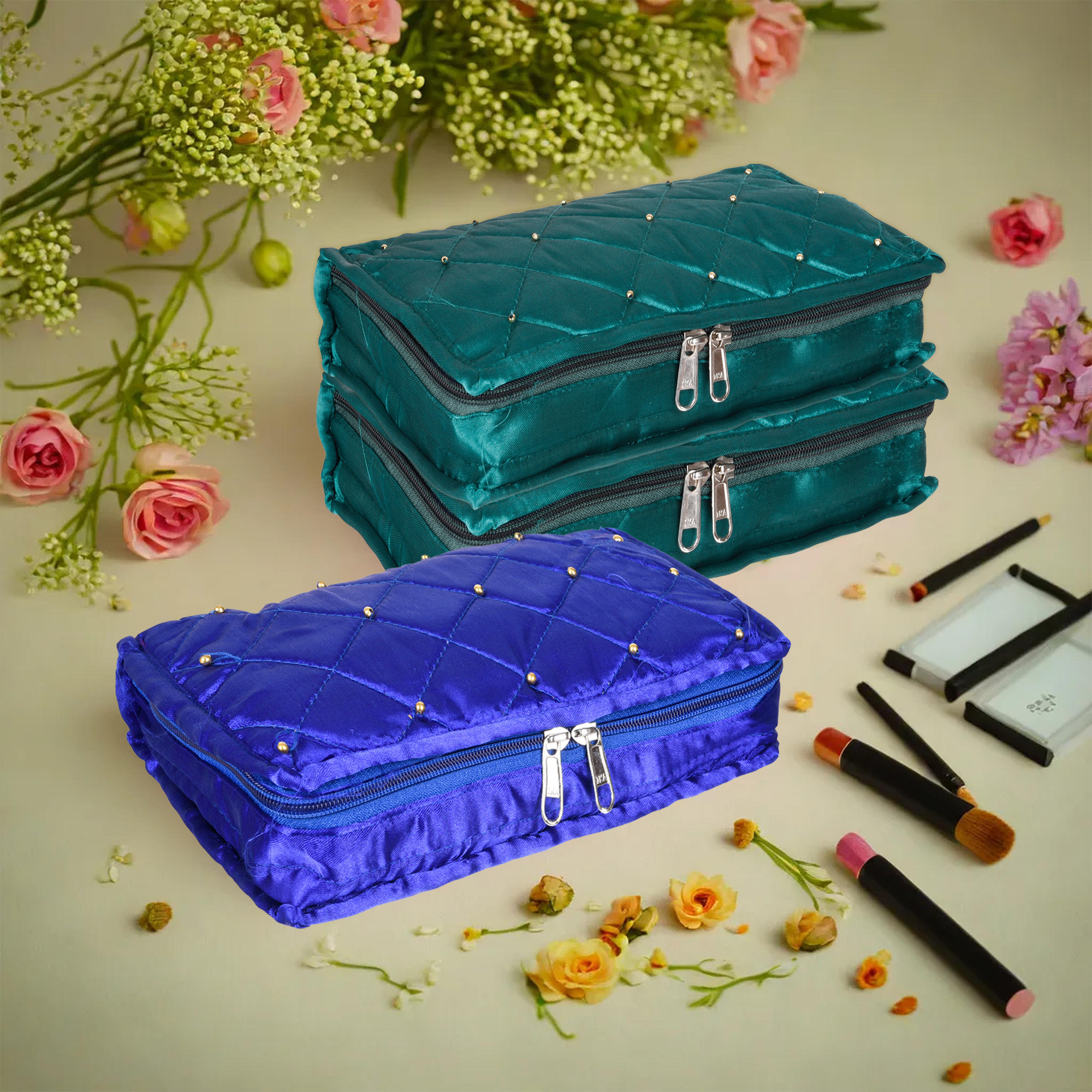 Kuber Industries Makeup Storage Bag | Vanity Organizer | Makeup Pouch | Pendant Organizer | Cosmetic Kit for Travel | 6 Pouch Organizer | Moti Jewellery Organizer | Large | Pack of 3 | Multi