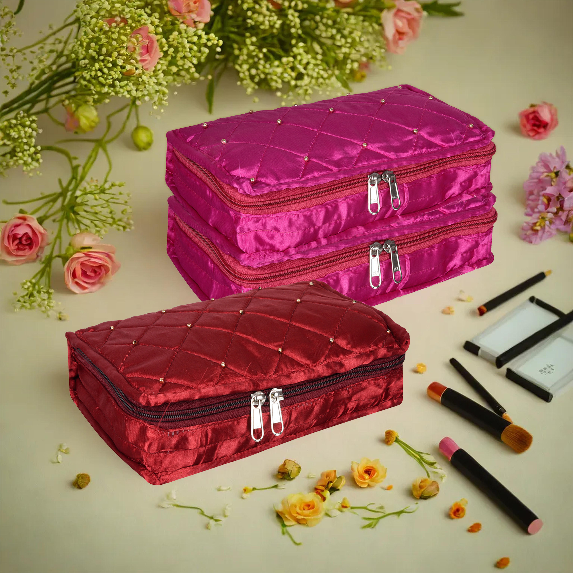 Kuber Industries Makeup Storage Bag | Vanity Organizer | Makeup Pouch | Pendant Organizer | Cosmetic Kit for Travel | 6 Pouch Organizer | Moti Jewellery Organizer | Large | Pack of 3 | Multi