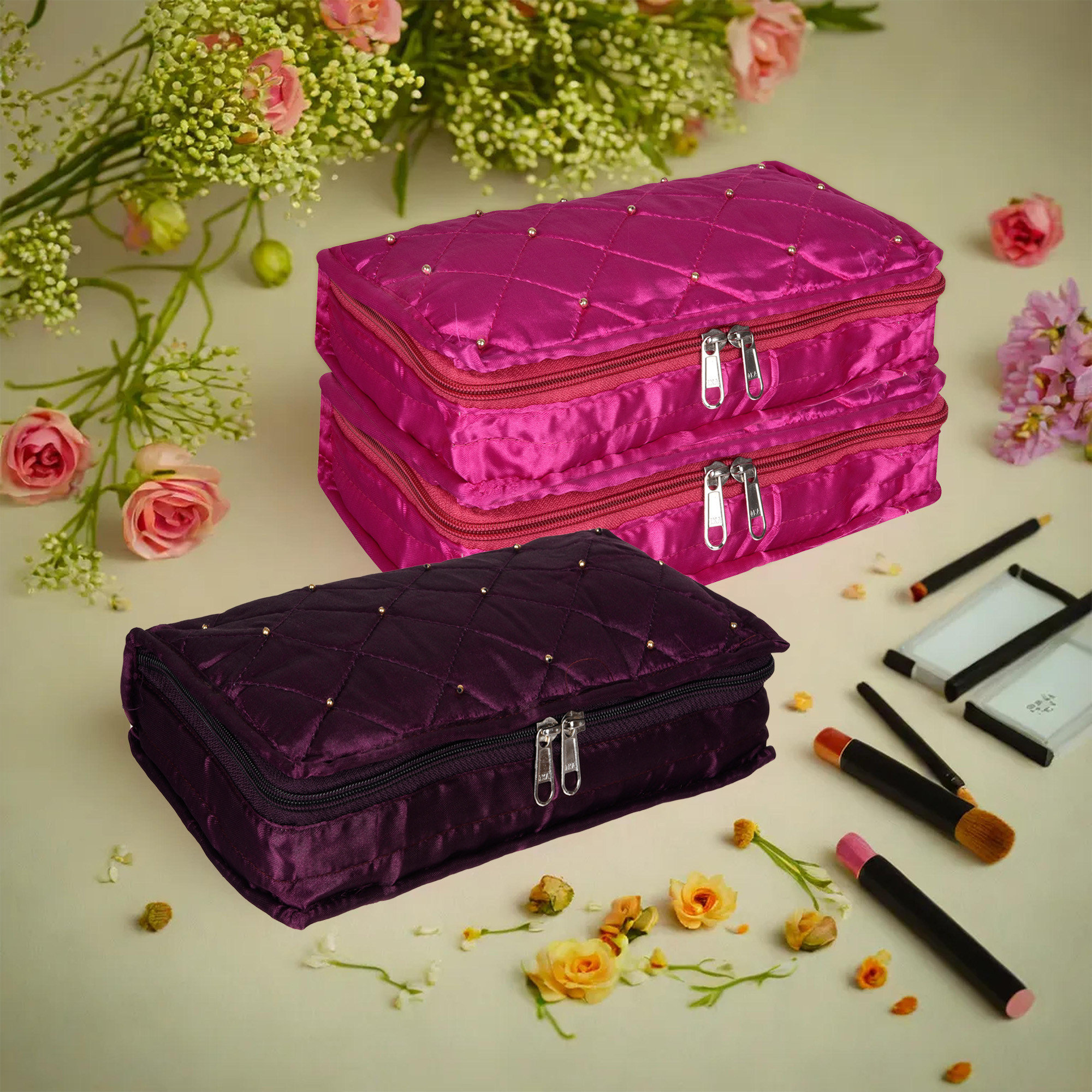 Kuber Industries Makeup Storage Bag | Vanity Organizer | Makeup Pouch | Pendant Organizer | Cosmetic Kit for Travel | 6 Pouch Organizer | Moti Jewellery Organizer | Large | Pack of 3 | Multi