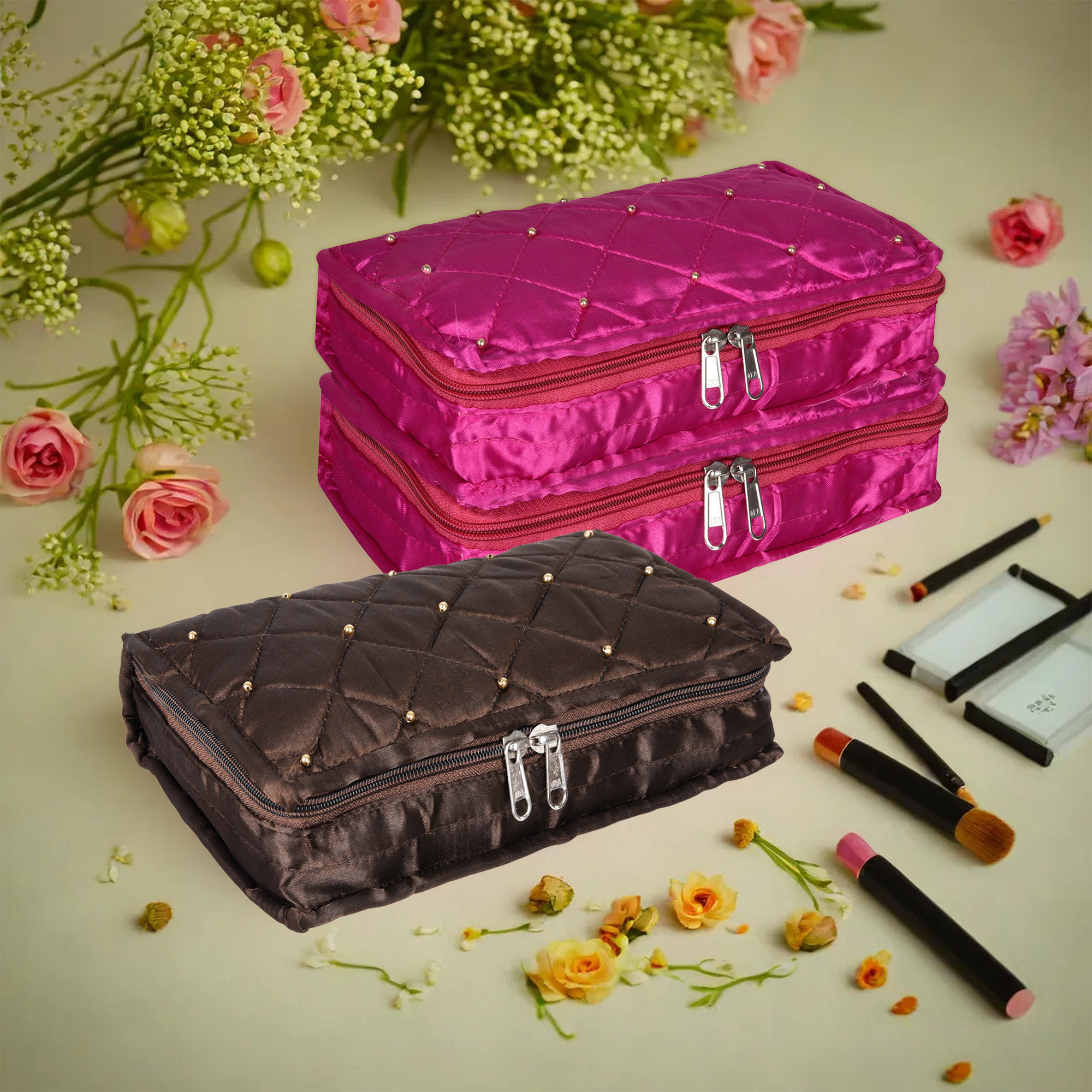 Kuber Industries Makeup Storage Bag | Vanity Organizer | Makeup Pouch | Pendant Organizer | Cosmetic Kit for Travel | 6 Pouch Organizer | Moti Jewellery Organizer | Large | Pack of 3 | Multi