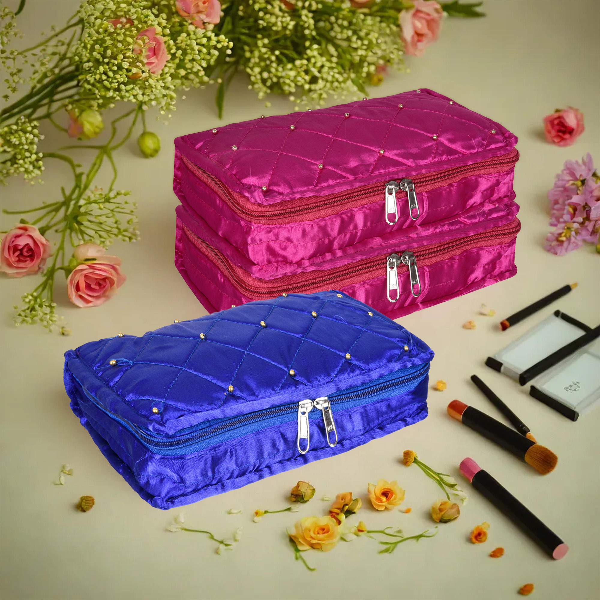 Kuber Industries Makeup Storage Bag | Vanity Organizer | Makeup Pouch | Pendant Organizer | Cosmetic Kit for Travel | 6 Pouch Organizer | Moti Jewellery Organizer | Large | Pack of 3 | Multi