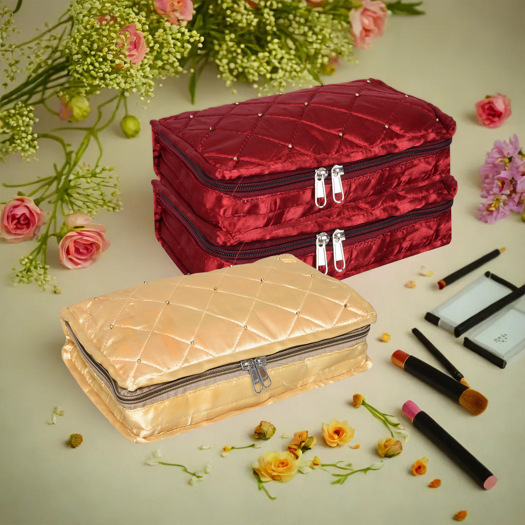 Kuber Industries Makeup Storage Bag | Vanity Organizer | Makeup Pouch | Pendant Organizer | Cosmetic Kit for Travel | 6 Pouch Organizer | Moti Jewellery Organizer | Large | Pack of 3 | Multi