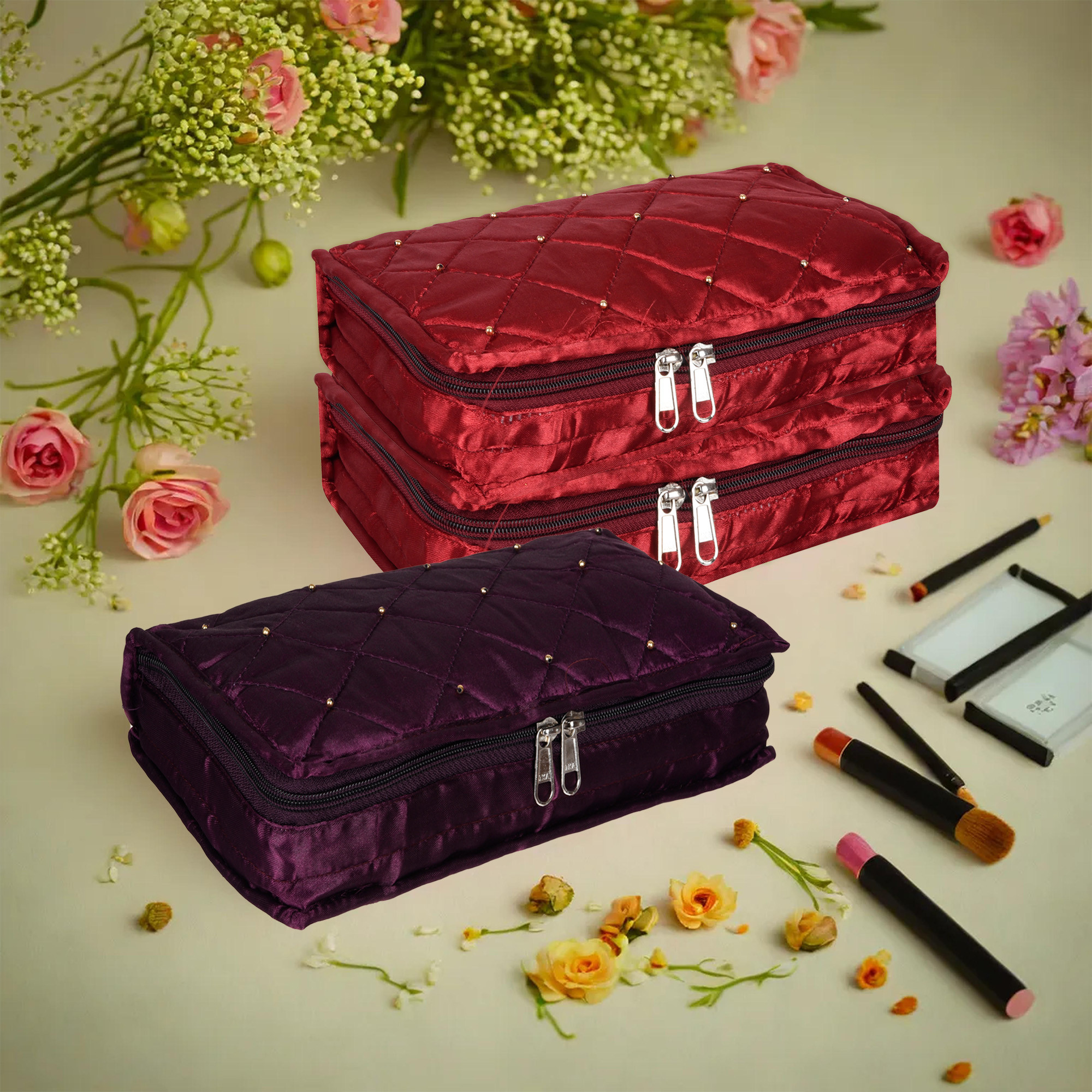 Kuber Industries Makeup Storage Bag | Vanity Organizer | Makeup Pouch | Pendant Organizer | Cosmetic Kit for Travel | 6 Pouch Organizer | Moti Jewellery Organizer | Large | Pack of 3 | Multi