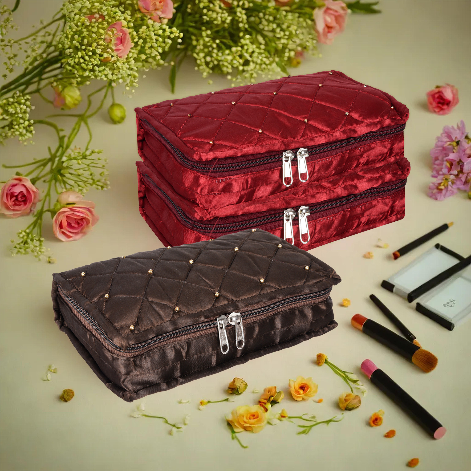 Kuber Industries Makeup Storage Bag | Vanity Organizer | Makeup Pouch | Pendant Organizer | Cosmetic Kit for Travel | 6 Pouch Organizer | Moti Jewellery Organizer | Large | Pack of 3 | Multi