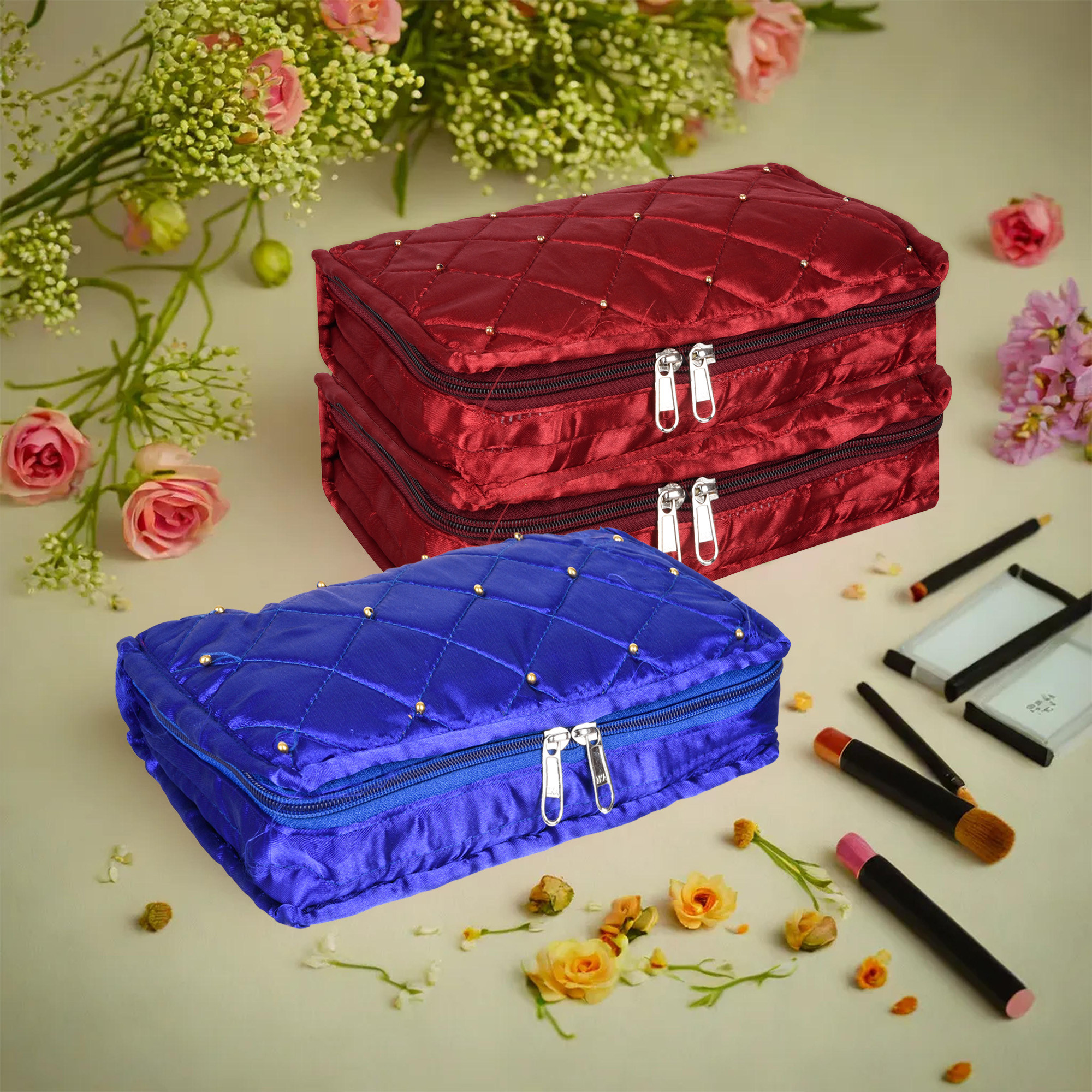 Kuber Industries Makeup Storage Bag | Vanity Organizer | Makeup Pouch | Pendant Organizer | Cosmetic Kit for Travel | 6 Pouch Organizer | Moti Jewellery Organizer | Large | Pack of 3 | Multi
