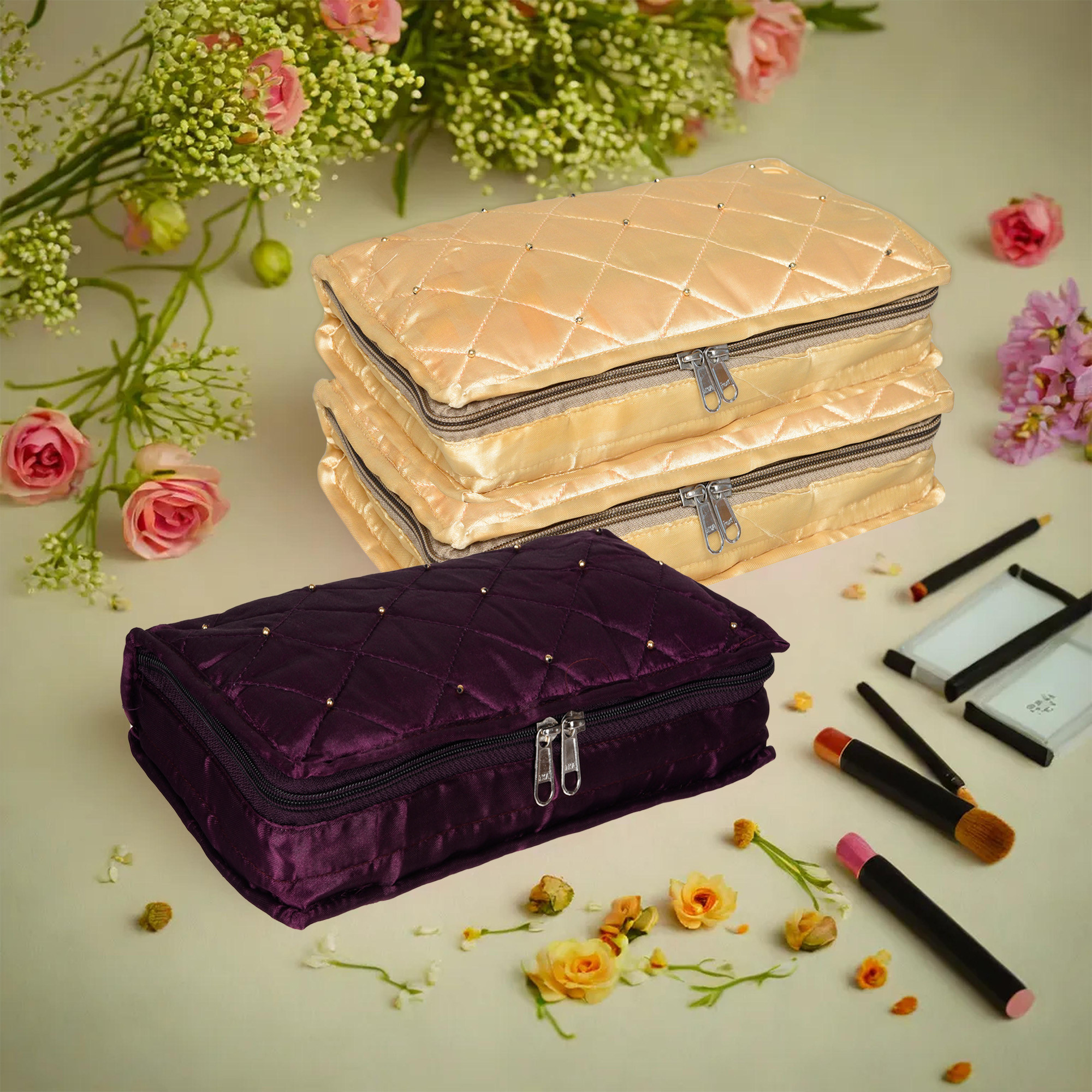 Kuber Industries Makeup Storage Bag | Vanity Organizer | Makeup Pouch | Pendant Organizer | Cosmetic Kit for Travel | 6 Pouch Organizer | Moti Jewellery Organizer | Large | Pack of 3 | Multi