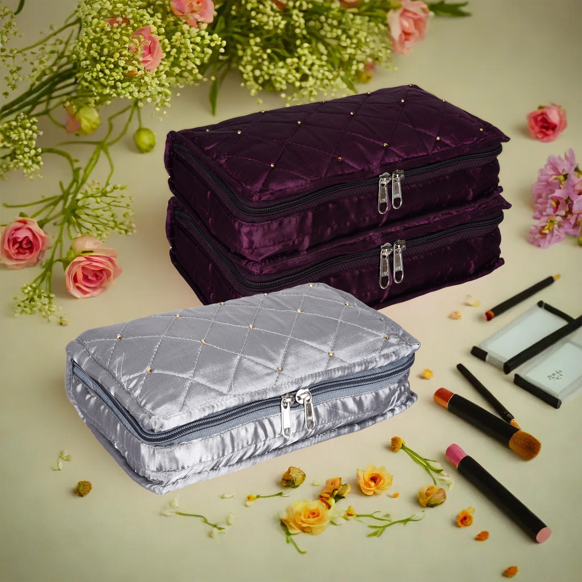 Kuber Industries Makeup Storage Bag | Vanity Organizer | Makeup Pouch | Pendant Organizer | Cosmetic Kit for Travel | 6 Pouch Organizer | Moti Jewellery Organizer | Large | Pack of 3 | Multi