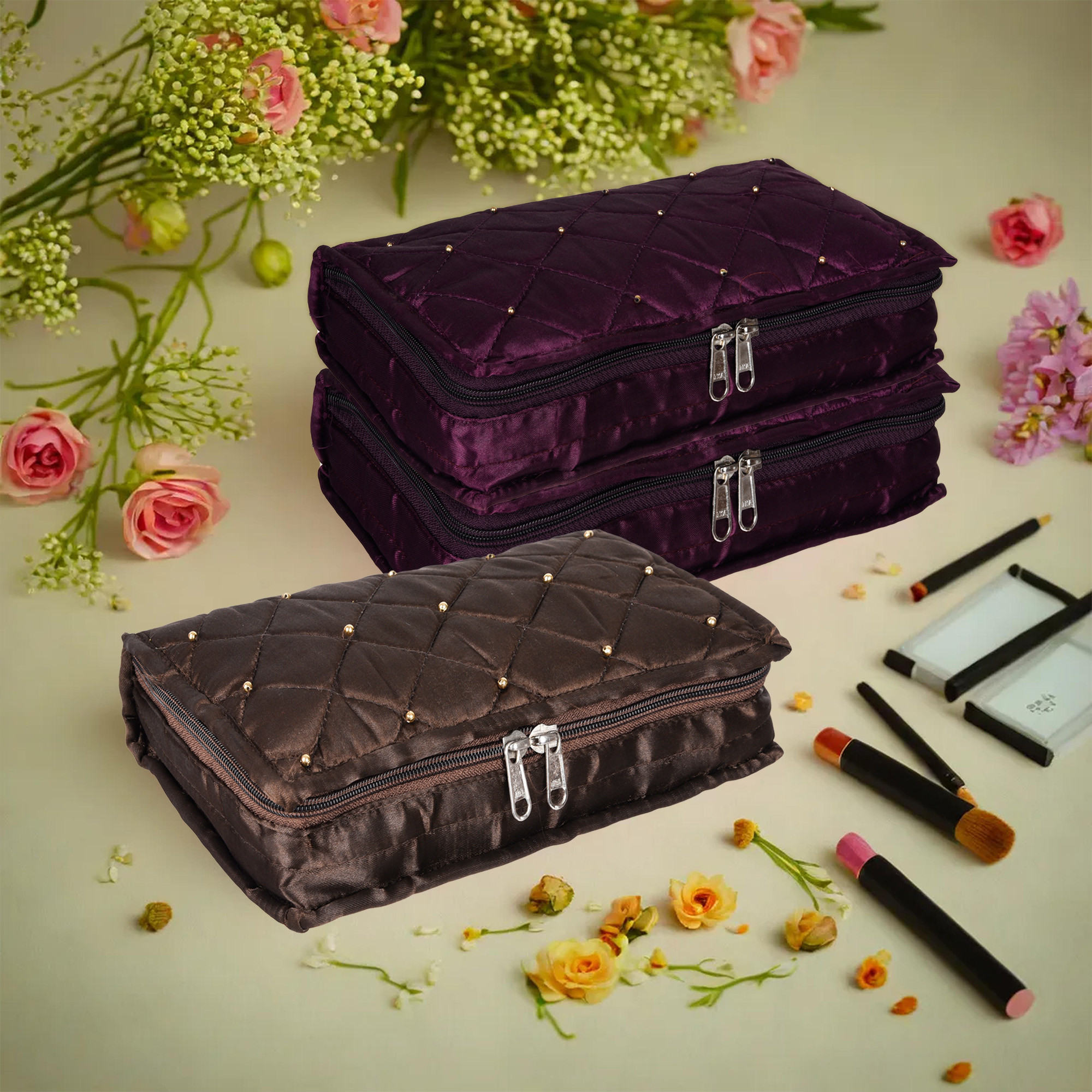 Kuber Industries Makeup Storage Bag | Vanity Organizer | Makeup Pouch | Pendant Organizer | Cosmetic Kit for Travel | 6 Pouch Organizer | Moti Jewellery Organizer | Large | Pack of 3 | Multi