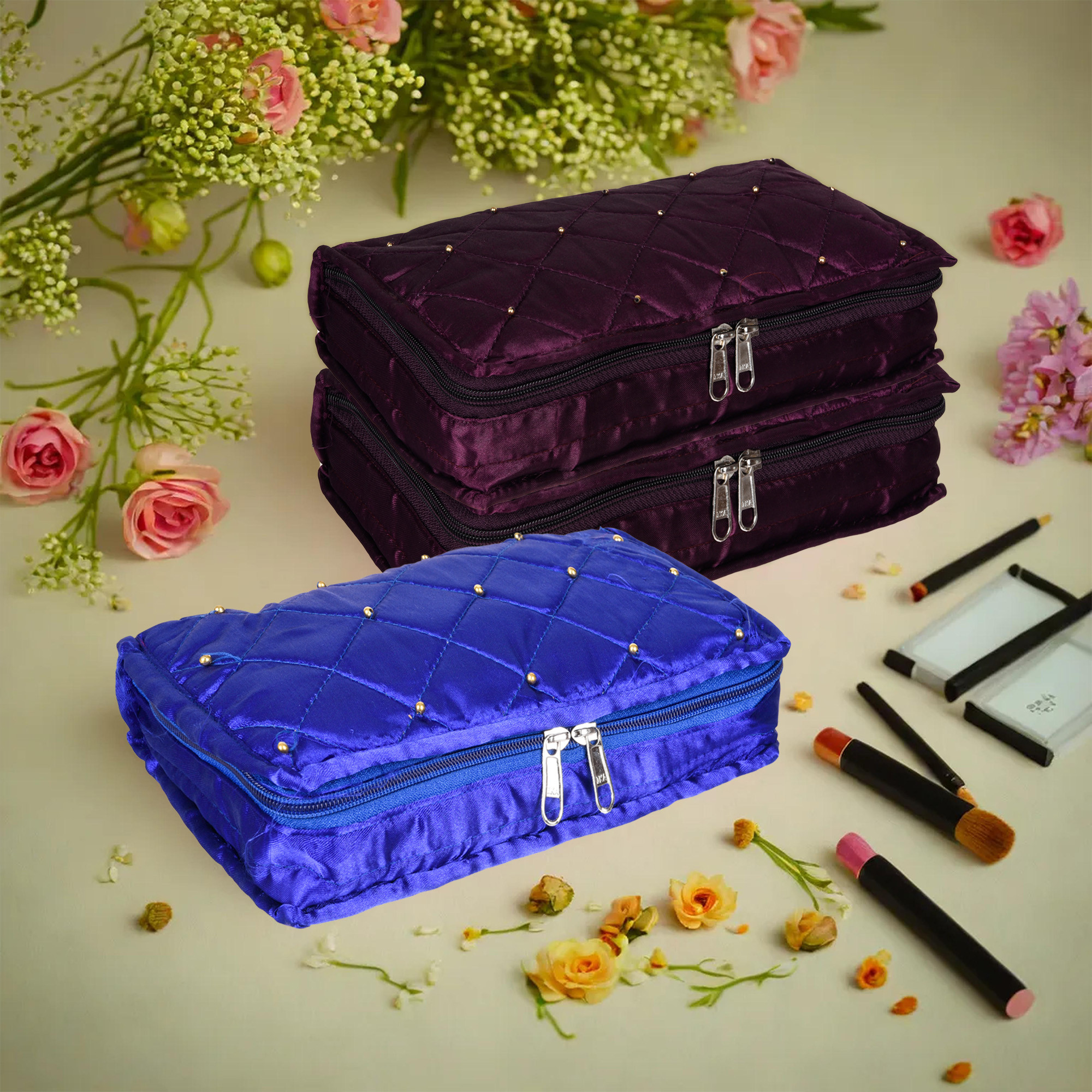 Kuber Industries Makeup Storage Bag | Vanity Organizer | Makeup Pouch | Pendant Organizer | Cosmetic Kit for Travel | 6 Pouch Organizer | Moti Jewellery Organizer | Large | Pack of 3 | Multi