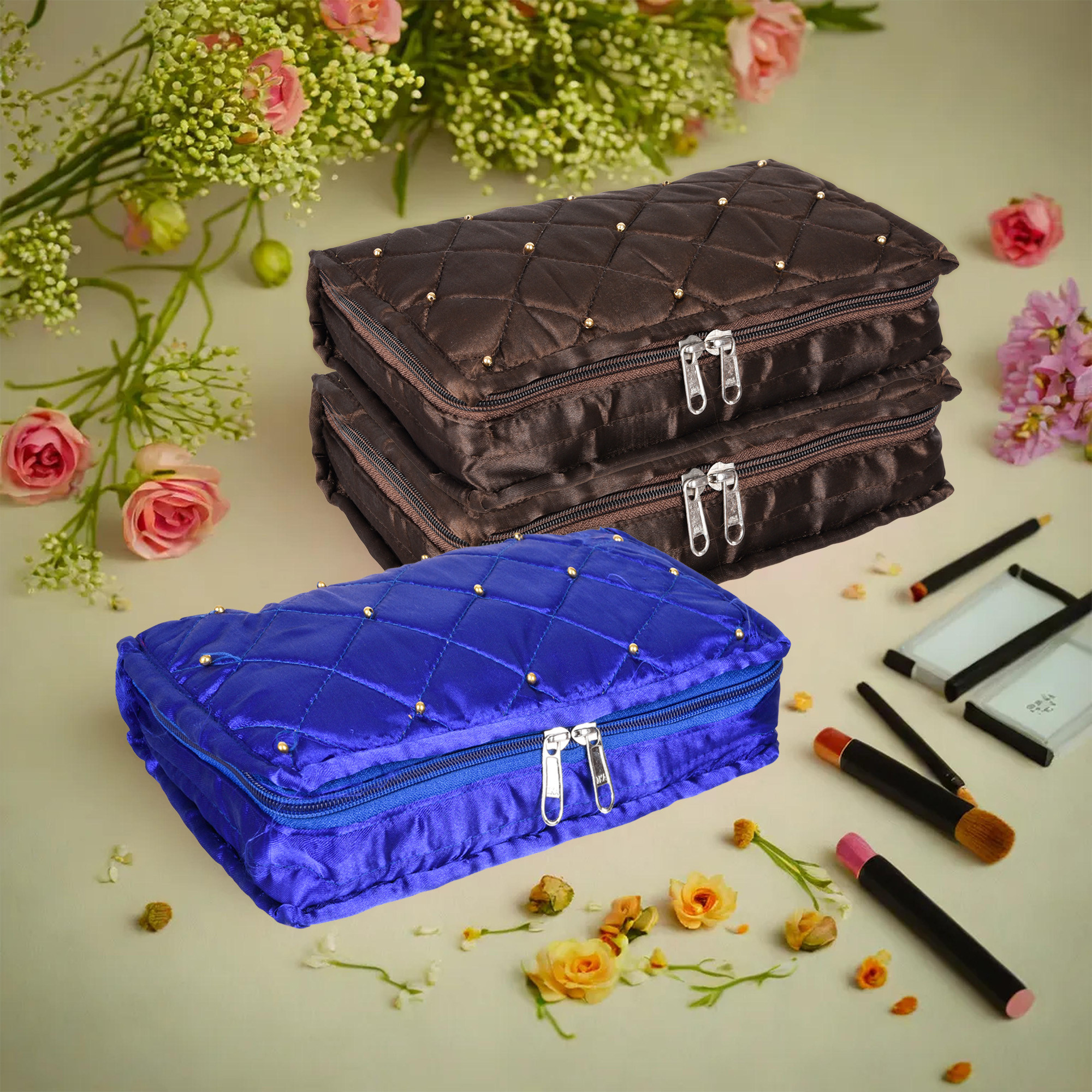 Kuber Industries Makeup Storage Bag | Vanity Organizer | Makeup Pouch | Pendant Organizer | Cosmetic Kit for Travel | 6 Pouch Organizer | Moti Jewellery Organizer | Large | Pack of 3 | Multi
