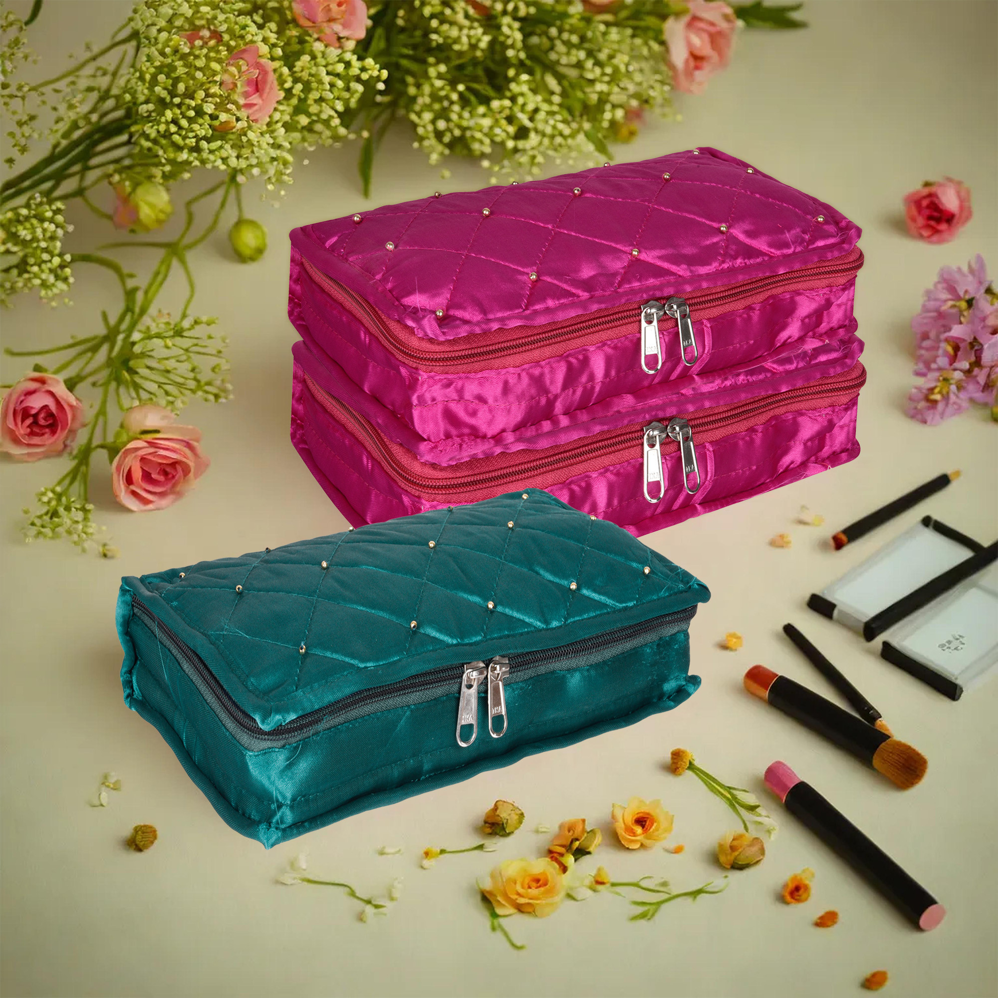 Kuber Industries Makeup Storage Bag | Vanity Organizer | Makeup Pouch | Pendant Organizer | Cosmetic Kit for Travel | 6 Pouch Organizer | Moti Jewellery Organizer | Large | Pack of 3 | Multi
