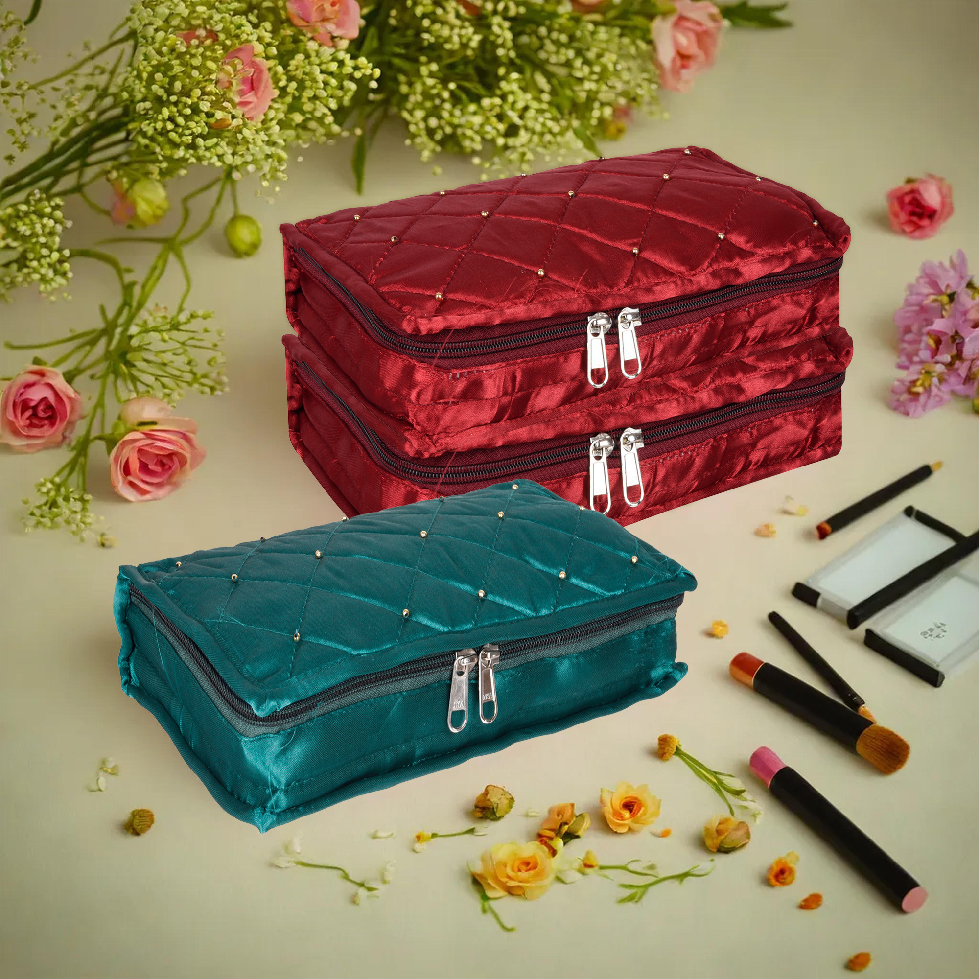 Kuber Industries Makeup Storage Bag | Vanity Organizer | Makeup Pouch | Pendant Organizer | Cosmetic Kit for Travel | 6 Pouch Organizer | Moti Jewellery Organizer | Large | Pack of 3 | Multi