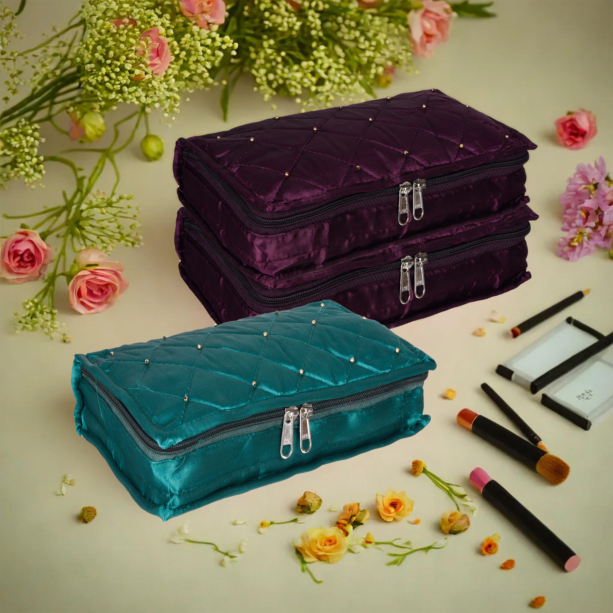 Kuber Industries Makeup Storage Bag | Vanity Organizer | Makeup Pouch | Pendant Organizer | Cosmetic Kit for Travel | 6 Pouch Organizer | Moti Jewellery Organizer | Large | Pack of 3 | Multi