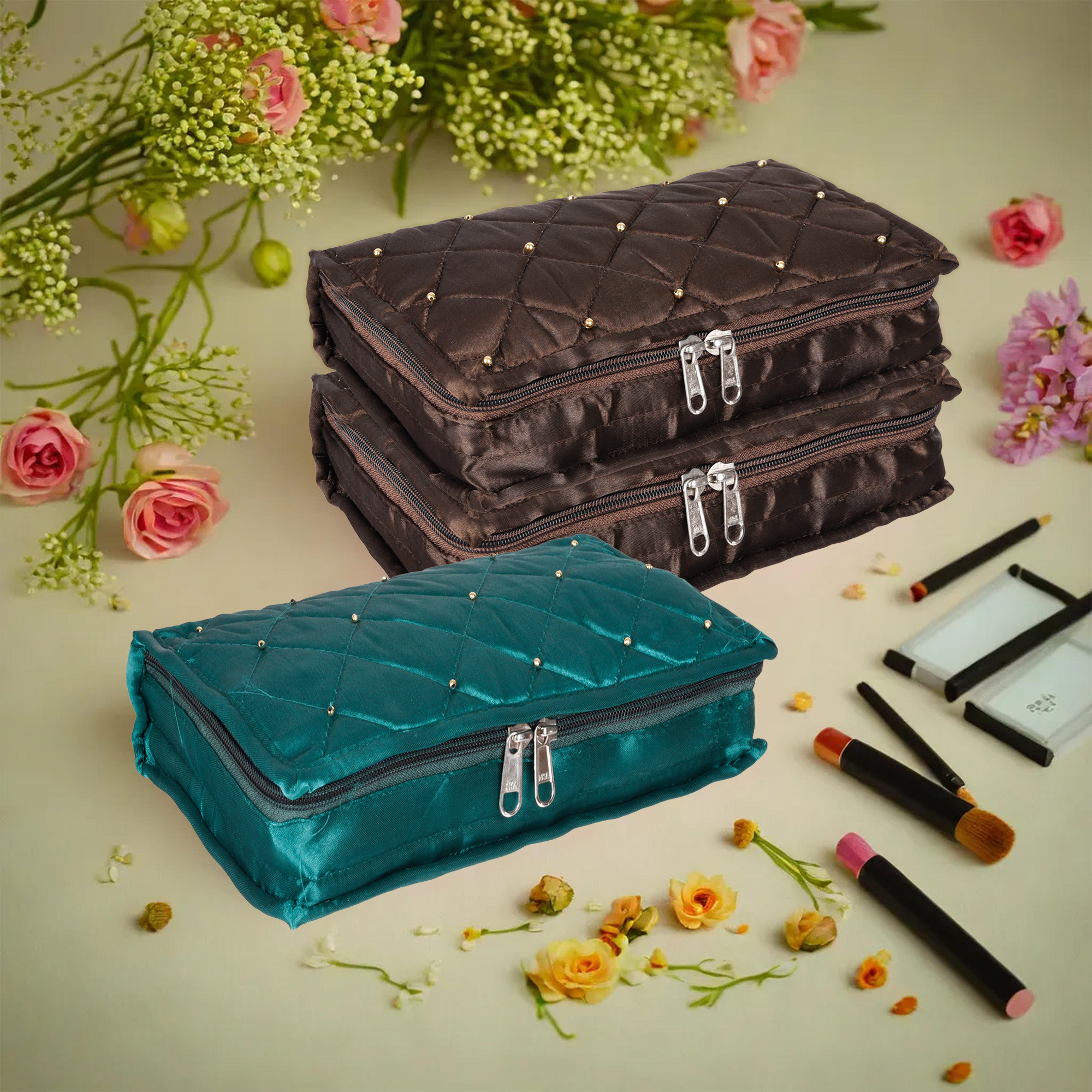 Kuber Industries Makeup Storage Bag | Vanity Organizer | Makeup Pouch | Pendant Organizer | Cosmetic Kit for Travel | 6 Pouch Organizer | Moti Jewellery Organizer | Large | Pack of 3 | Multi