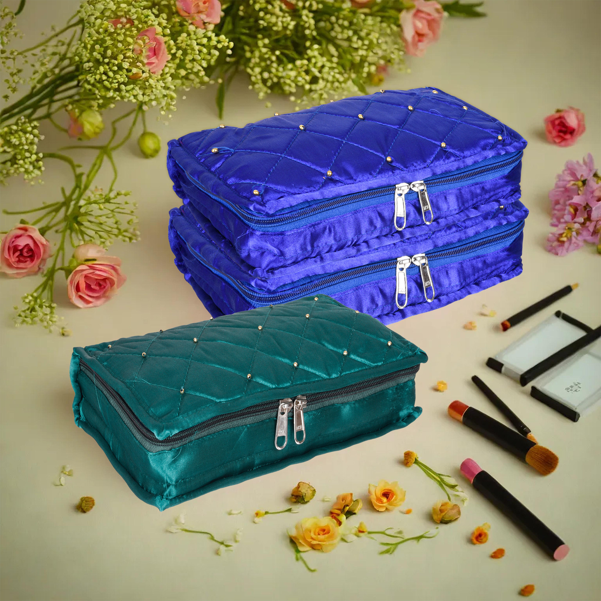 Kuber Industries Makeup Storage Bag | Vanity Organizer | Makeup Pouch | Pendant Organizer | Cosmetic Kit for Travel | 6 Pouch Organizer | Moti Jewellery Organizer | Large | Pack of 3 | Multi