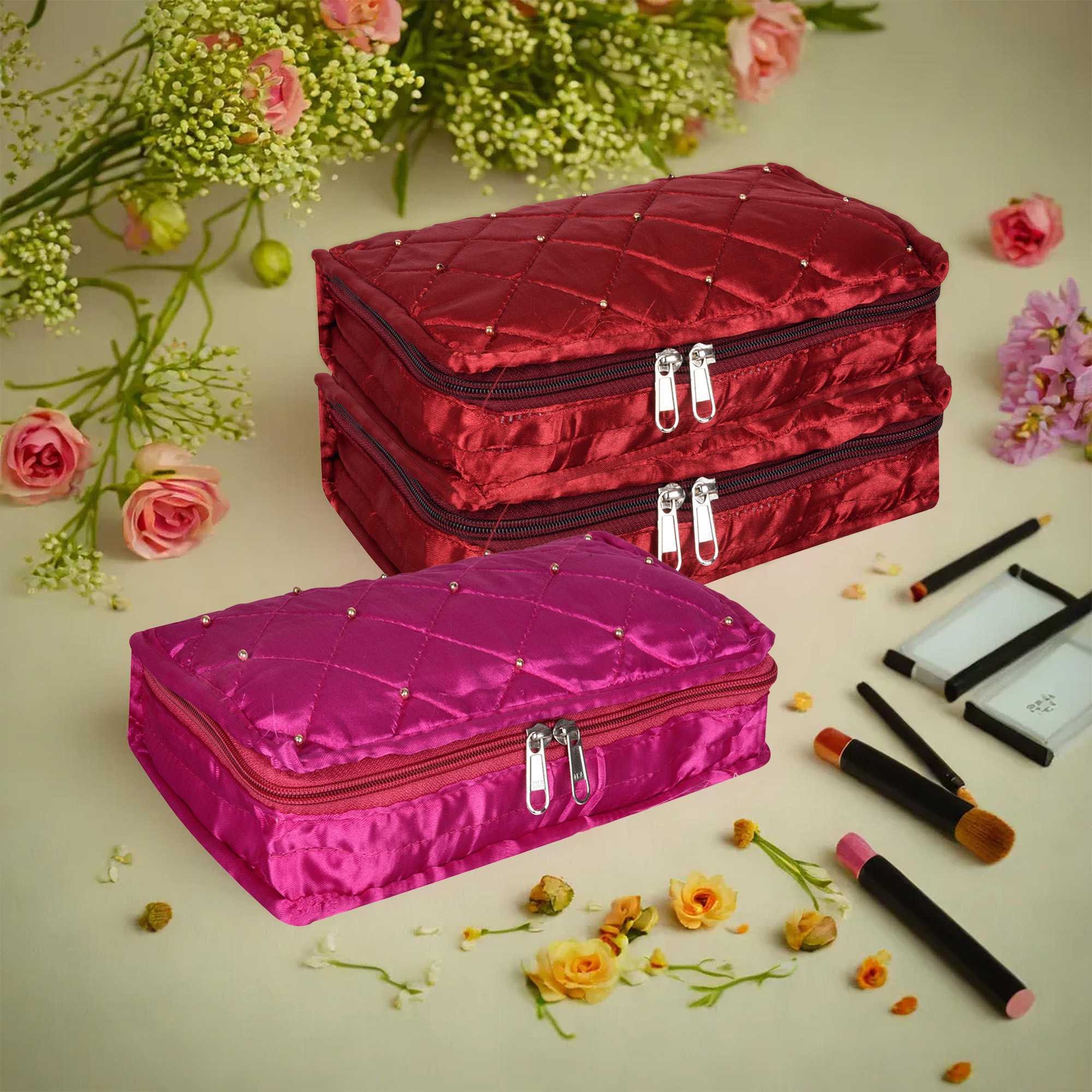 Kuber Industries Makeup Storage Bag | Vanity Organizer | Makeup Pouch | Pendant Organizer | Cosmetic Kit for Travel | 6 Pouch Organizer | Moti Jewellery Organizer | Large | Pack of 3 | Multi