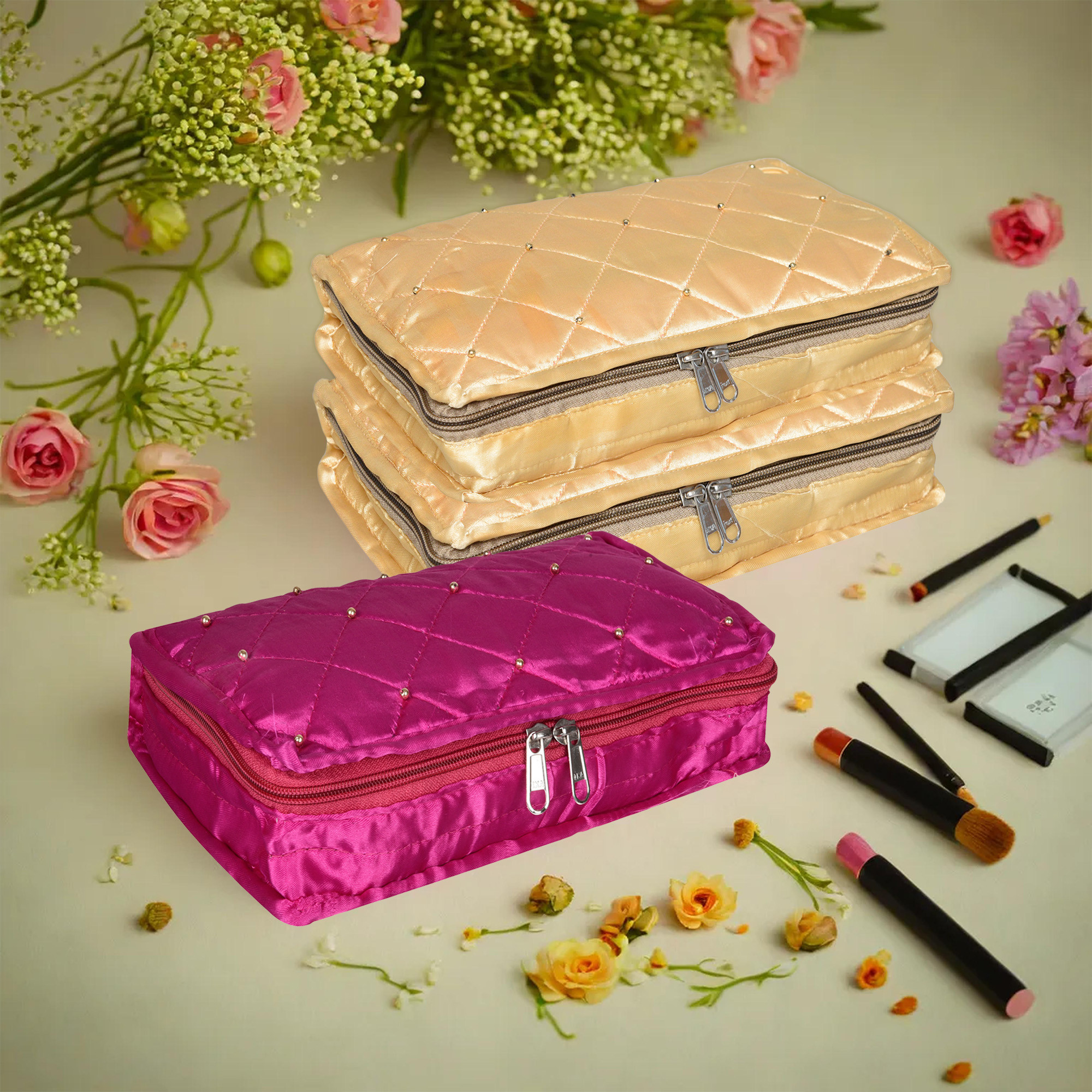Kuber Industries Makeup Storage Bag | Vanity Organizer | Makeup Pouch | Pendant Organizer | Cosmetic Kit for Travel | 6 Pouch Organizer | Moti Jewellery Organizer | Large | Pack of 3 | Multi