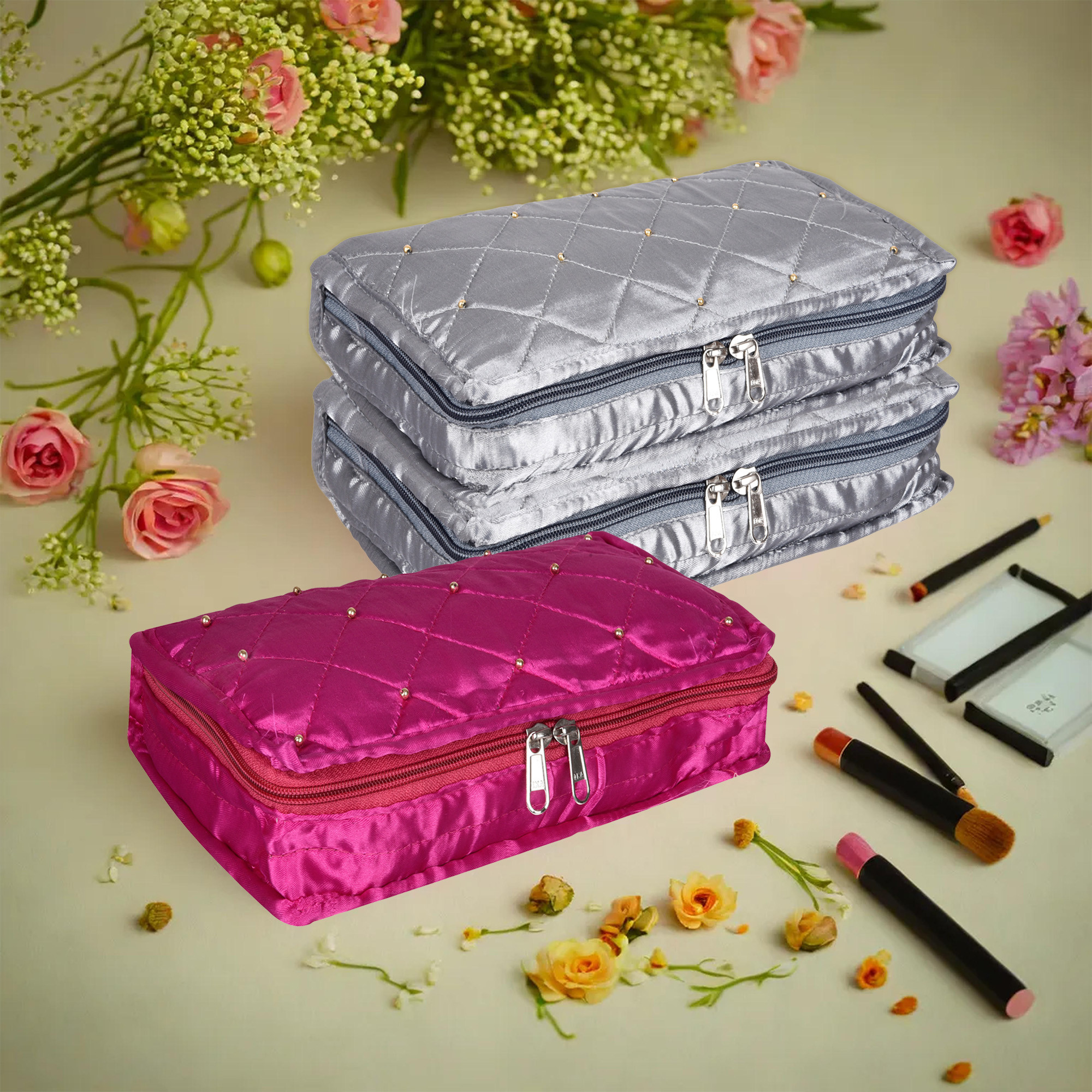 Kuber Industries Makeup Storage Bag | Vanity Organizer | Makeup Pouch | Pendant Organizer | Cosmetic Kit for Travel | 6 Pouch Organizer | Moti Jewellery Organizer | Large | Pack of 3 | Multi