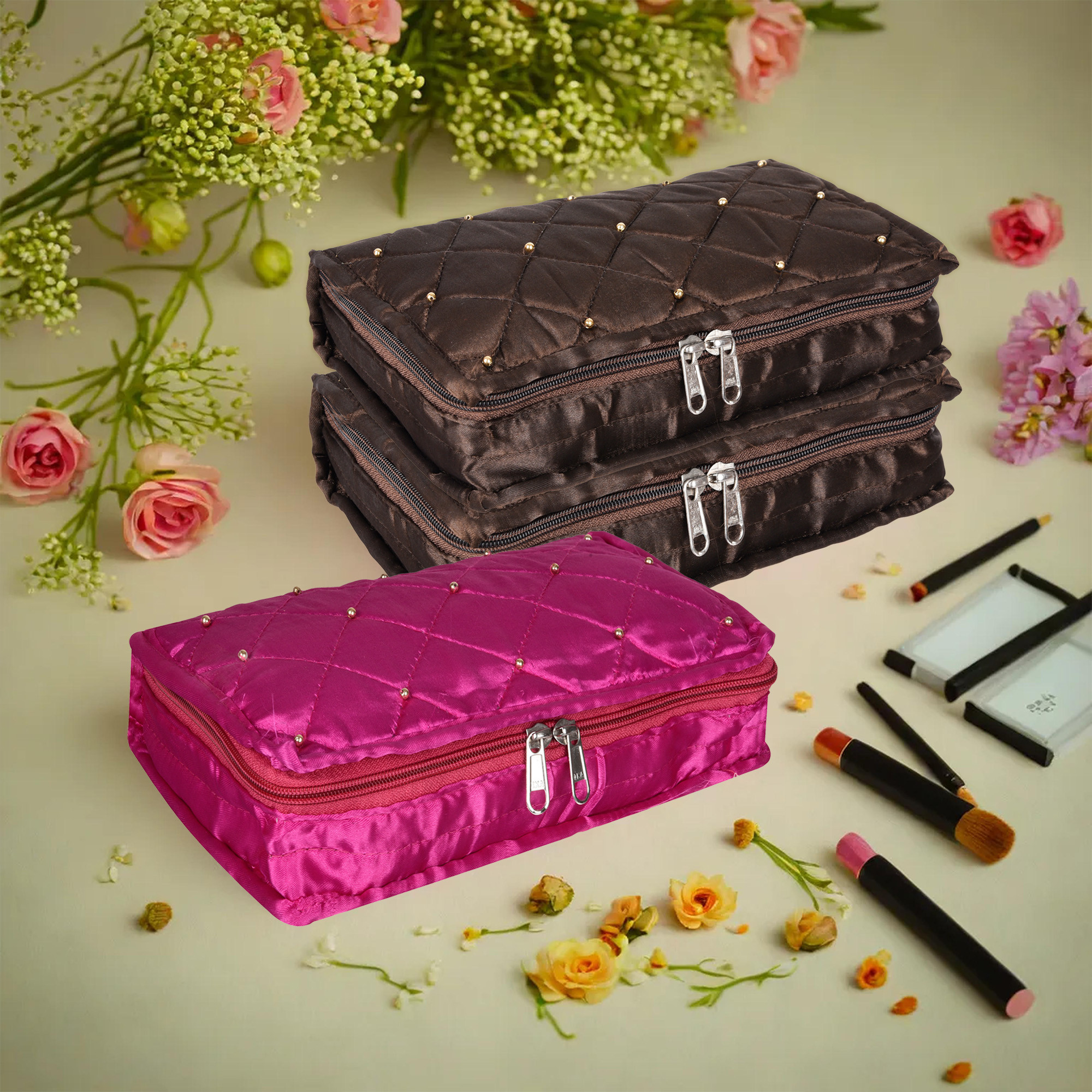 Kuber Industries Makeup Storage Bag | Vanity Organizer | Makeup Pouch | Pendant Organizer | Cosmetic Kit for Travel | 6 Pouch Organizer | Moti Jewellery Organizer | Large | Pack of 3 | Multi
