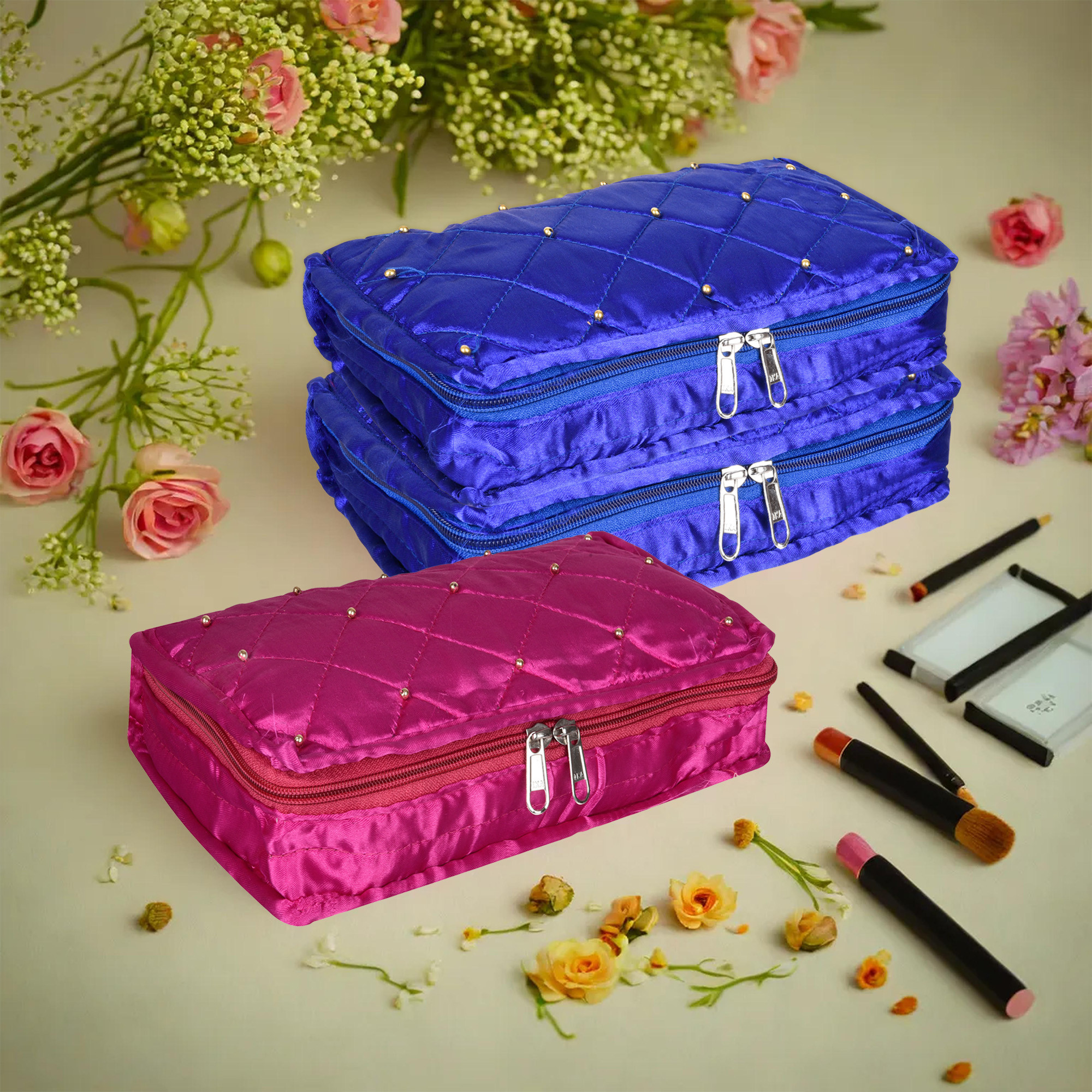 Kuber Industries Makeup Storage Bag | Vanity Organizer | Makeup Pouch | Pendant Organizer | Cosmetic Kit for Travel | 6 Pouch Organizer | Moti Jewellery Organizer | Large | Pack of 3 | Multi