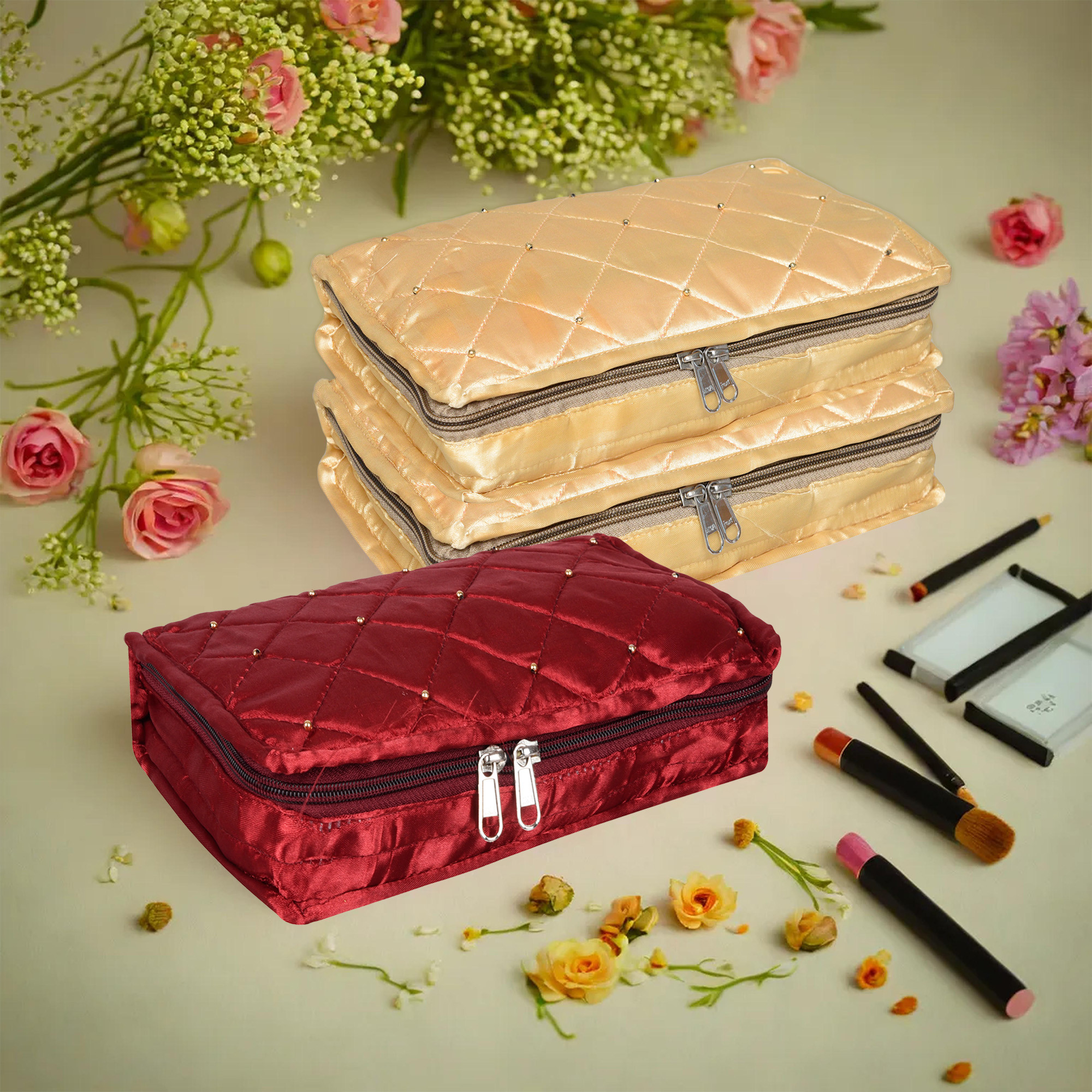 Kuber Industries Makeup Storage Bag | Vanity Organizer | Makeup Pouch | Pendant Organizer | Cosmetic Kit for Travel | 6 Pouch Organizer | Moti Jewellery Organizer | Large | Pack of 3 | Multi