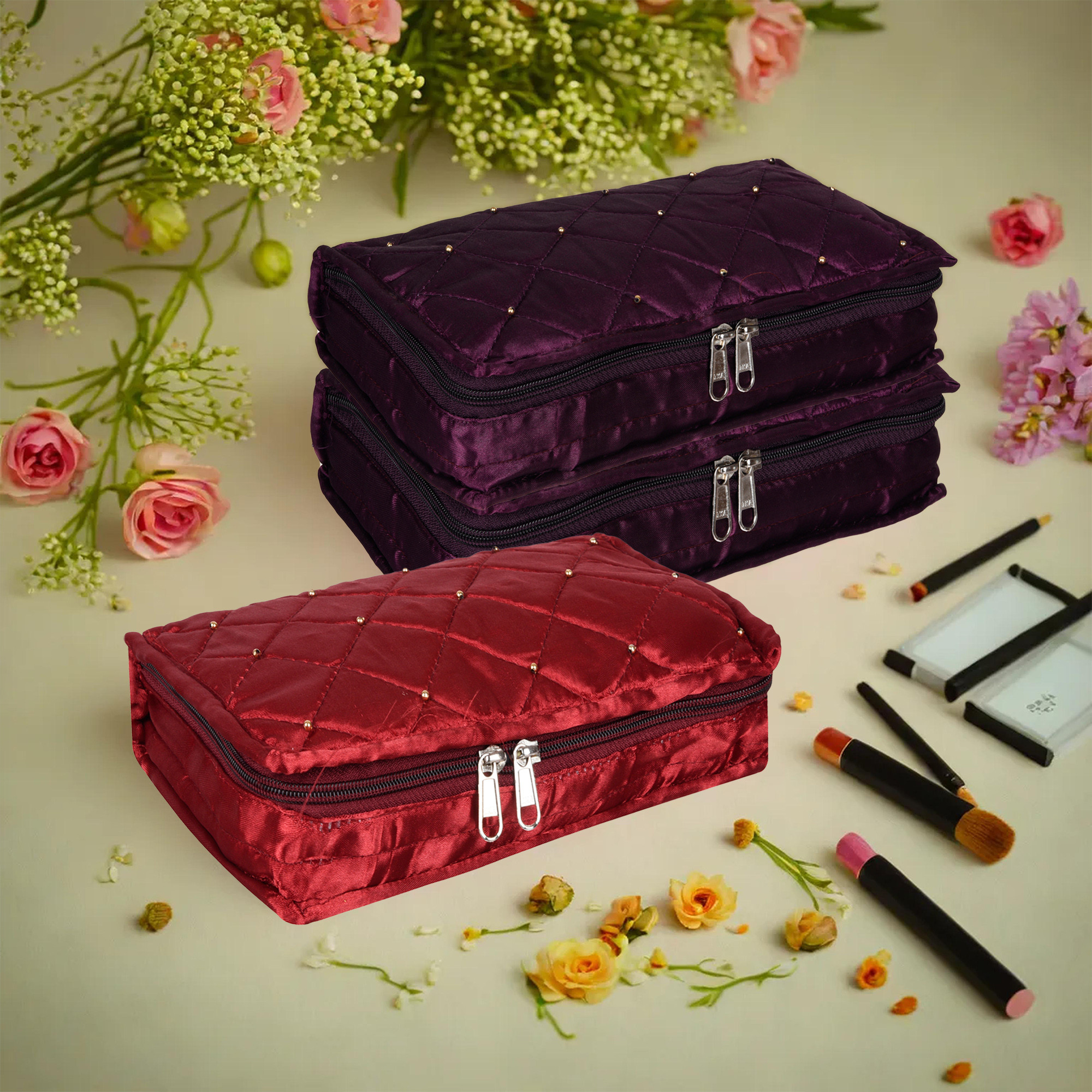 Kuber Industries Makeup Storage Bag | Vanity Organizer | Makeup Pouch | Pendant Organizer | Cosmetic Kit for Travel | 6 Pouch Organizer | Moti Jewellery Organizer | Large | Pack of 3 | Multi