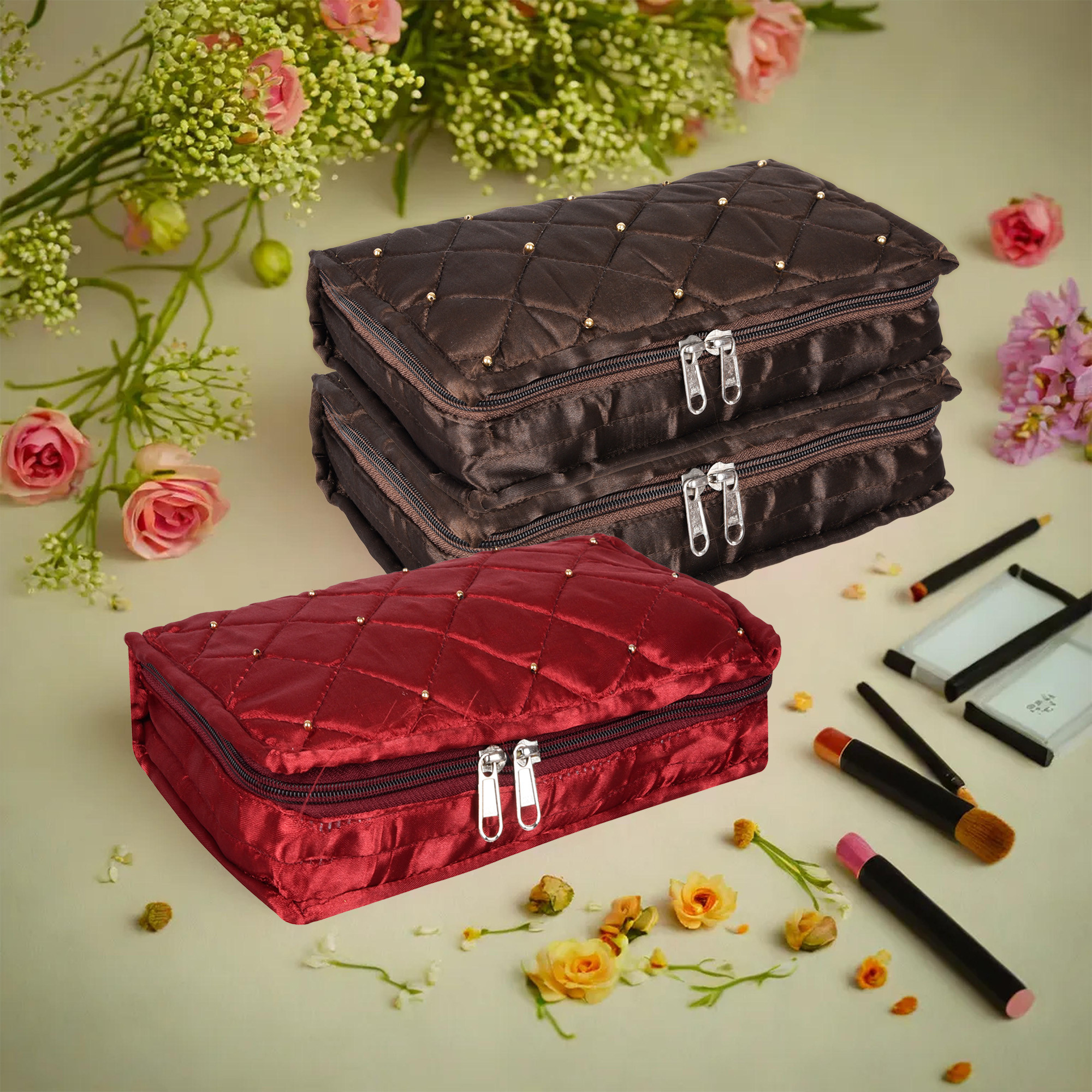 Kuber Industries Makeup Storage Bag | Vanity Organizer | Makeup Pouch | Pendant Organizer | Cosmetic Kit for Travel | 6 Pouch Organizer | Moti Jewellery Organizer | Large | Pack of 3 | Multi