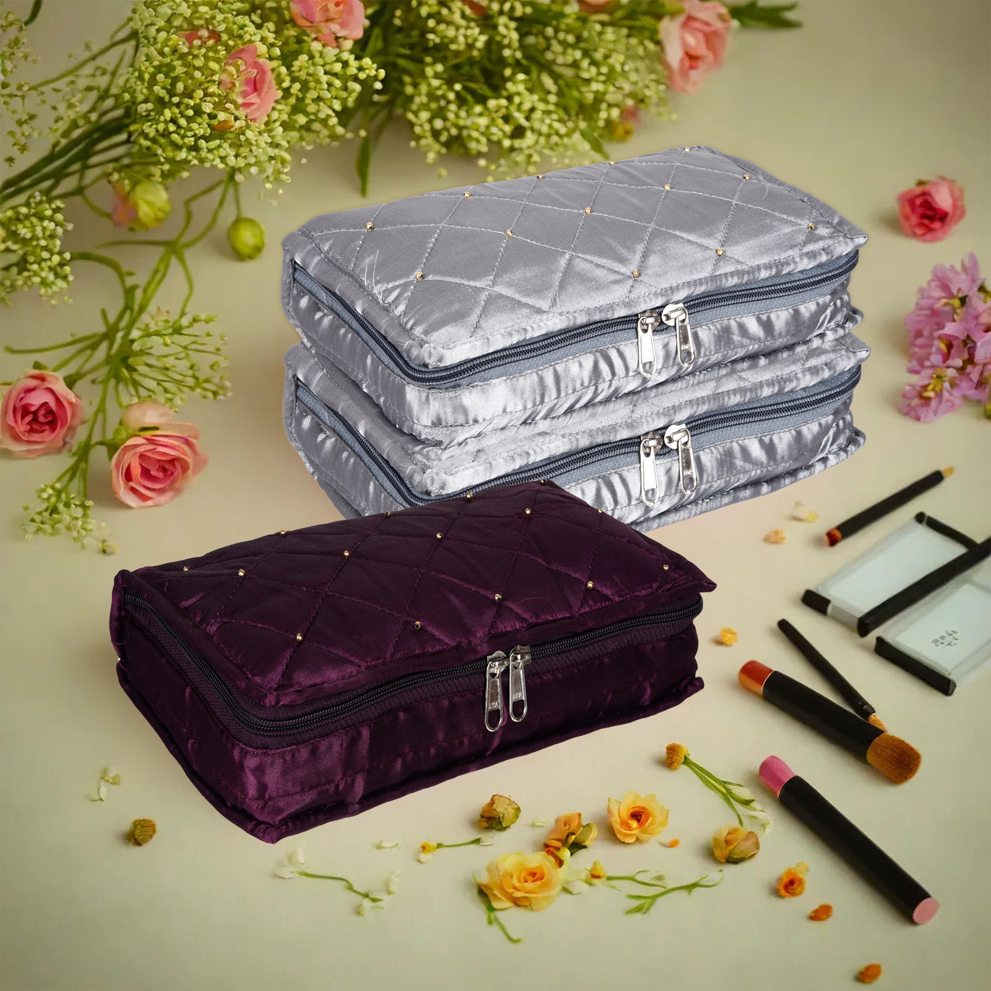 Kuber Industries Makeup Storage Bag | Vanity Organizer | Makeup Pouch | Pendant Organizer | Cosmetic Kit for Travel | 6 Pouch Organizer | Moti Jewellery Organizer | Large | Pack of 3 | Multi