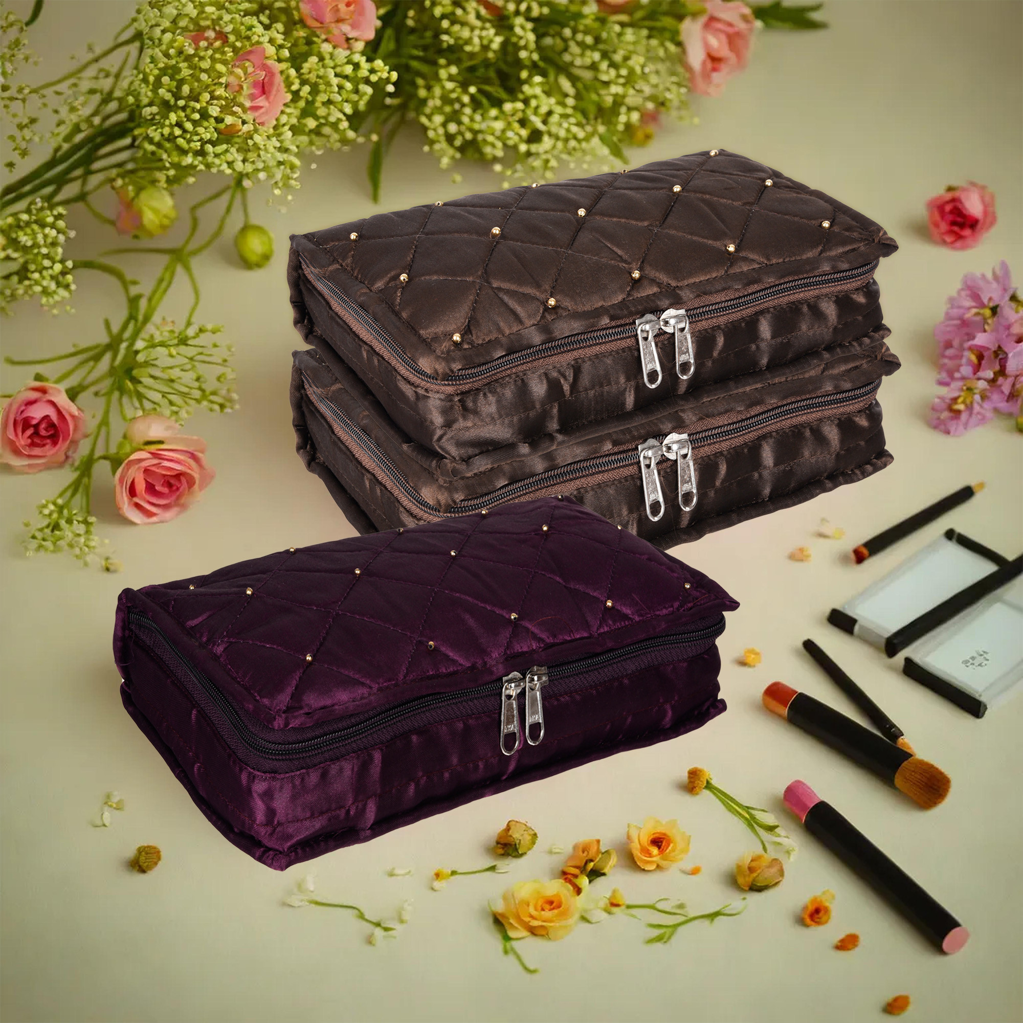 Kuber Industries Makeup Storage Bag | Vanity Organizer | Makeup Pouch | Pendant Organizer | Cosmetic Kit for Travel | 6 Pouch Organizer | Moti Jewellery Organizer | Large | Pack of 3 | Multi