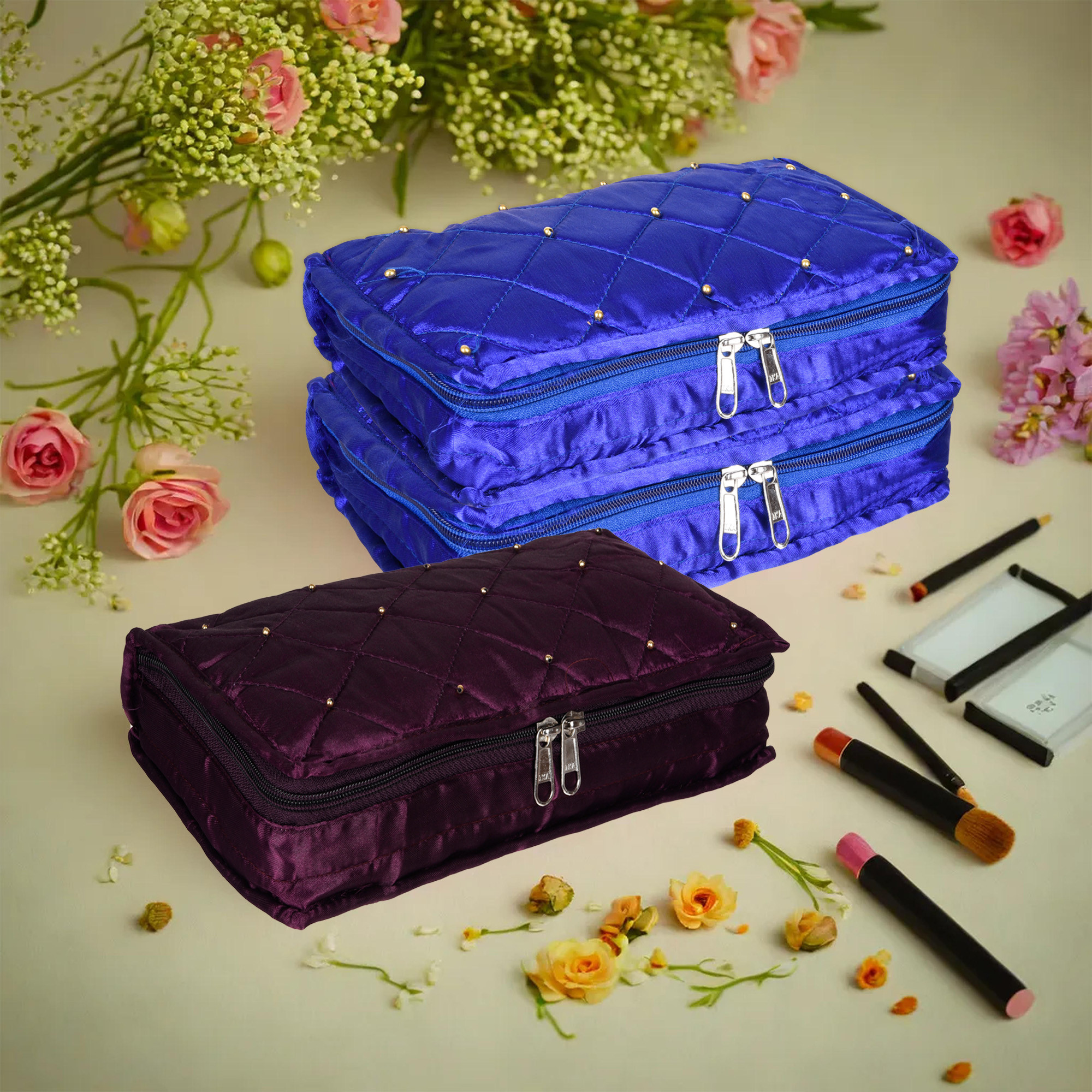 Kuber Industries Makeup Storage Bag | Vanity Organizer | Makeup Pouch | Pendant Organizer | Cosmetic Kit for Travel | 6 Pouch Organizer | Moti Jewellery Organizer | Large | Pack of 3 | Multi