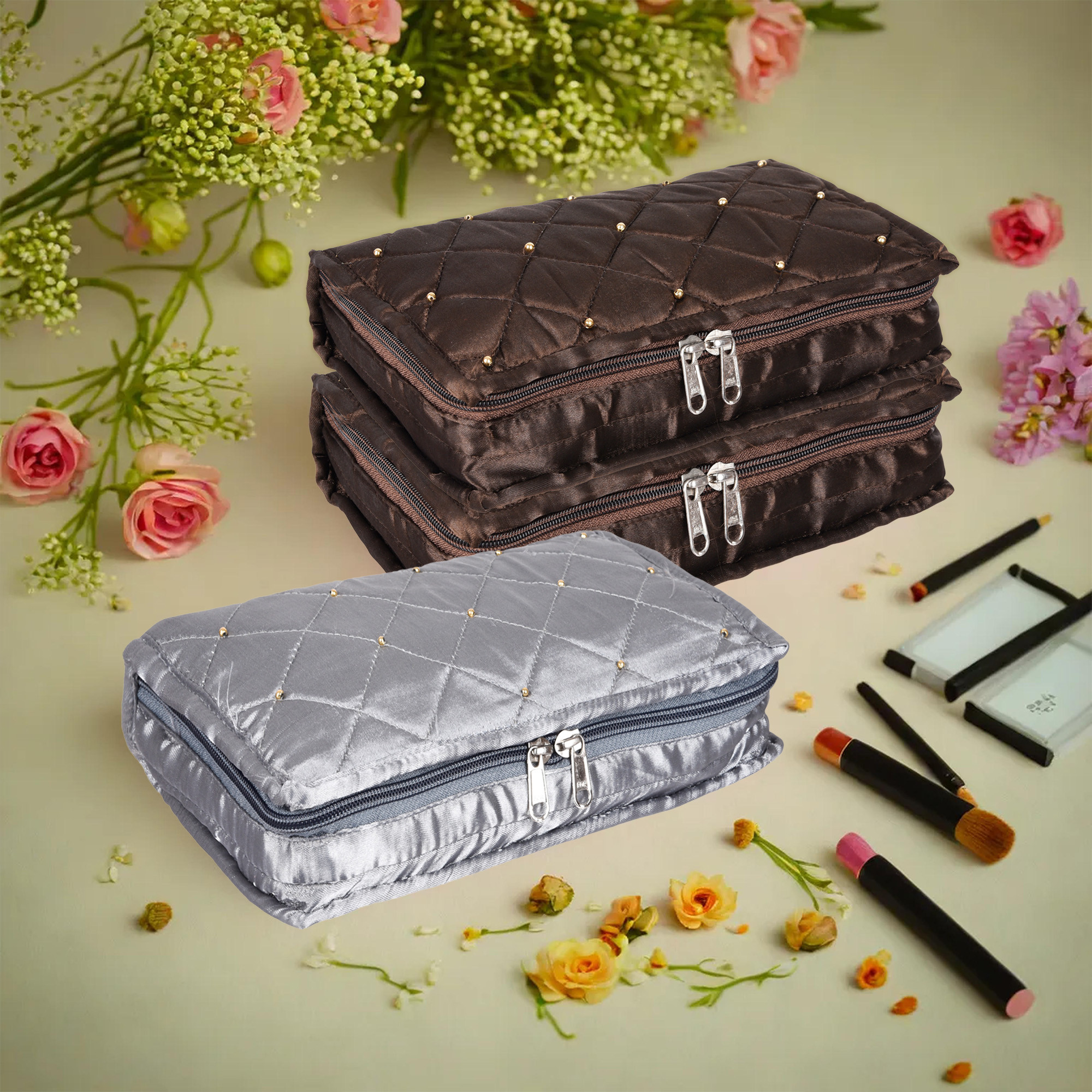 Kuber Industries Makeup Storage Bag | Vanity Organizer | Makeup Pouch | Pendant Organizer | Cosmetic Kit for Travel | 6 Pouch Organizer | Moti Jewellery Organizer | Large | Pack of 3 | Multi