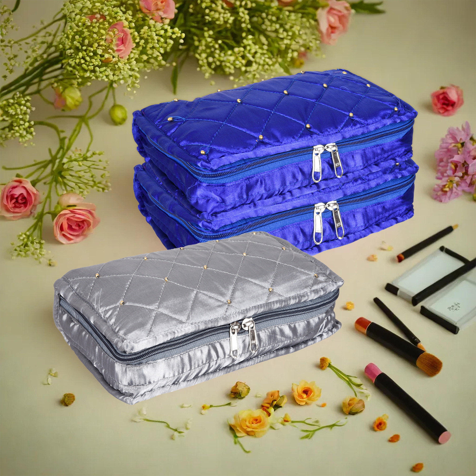 Kuber Industries Makeup Storage Bag | Vanity Organizer | Makeup Pouch | Pendant Organizer | Cosmetic Kit for Travel | 6 Pouch Organizer | Moti Jewellery Organizer | Large | Pack of 3 | Multi