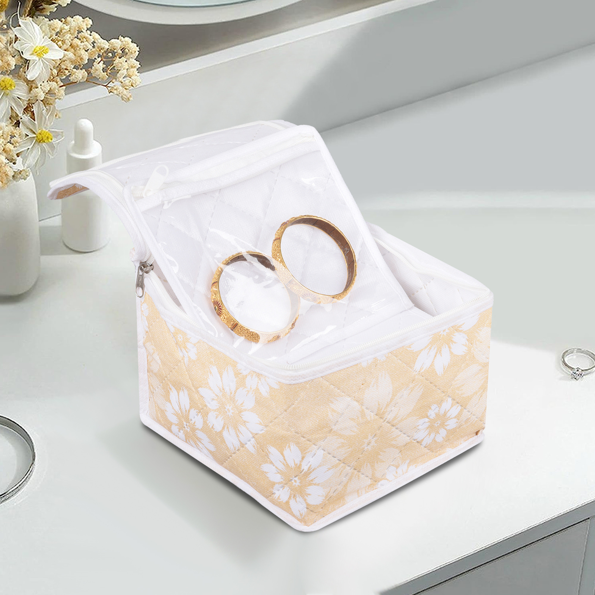 Kuber Industries Makeup Storage Bag  Waterproof Watches Organizer  Jewellery Kit for Woman  10 Detachable Pouch  Square Locker Kit for Travel  Flower Quilted  Golden