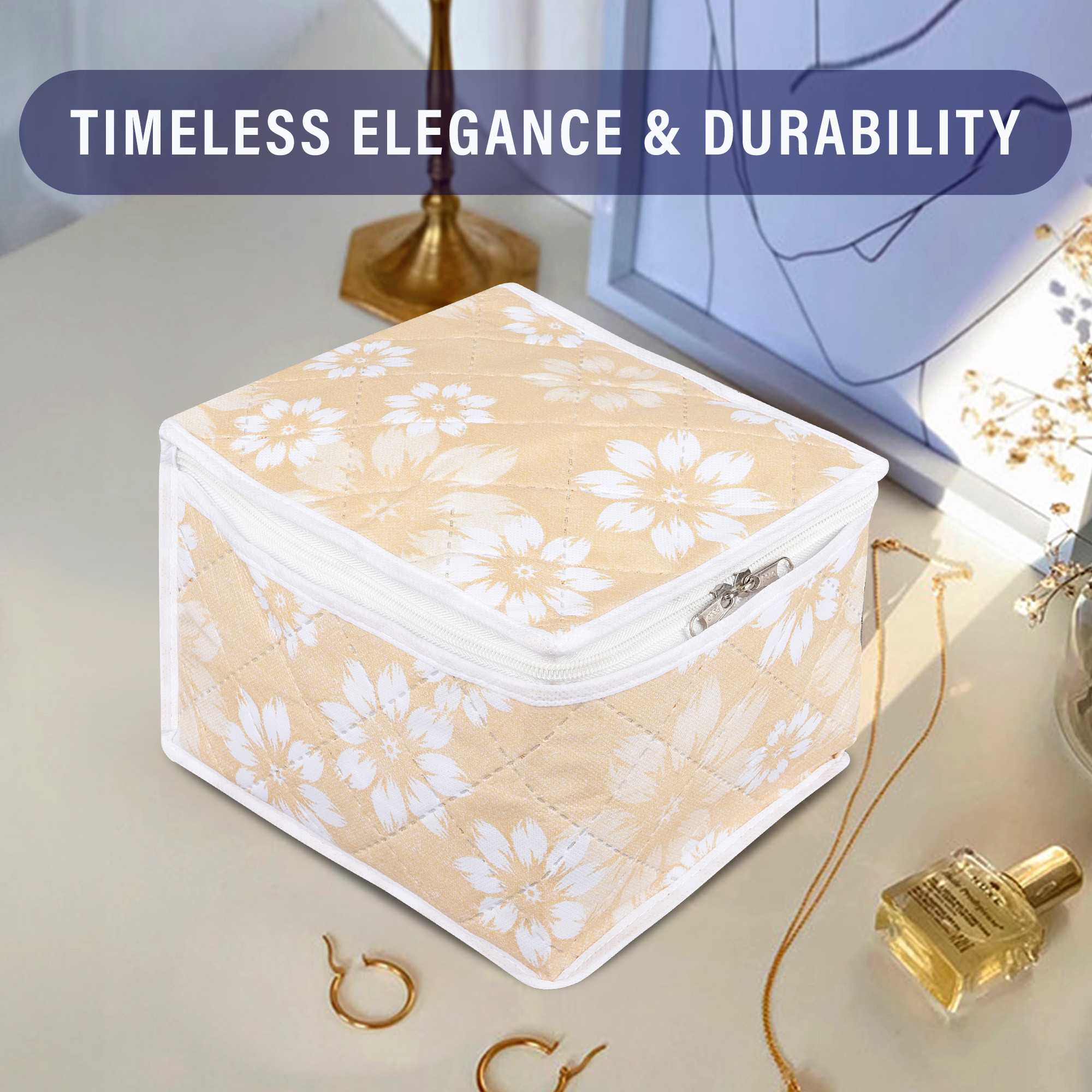 Kuber Industries Makeup Storage Bag  Waterproof Watches Organizer  Jewellery Kit for Woman  10 Detachable Pouch  Square Locker Kit for Travel  Flower Quilted  Golden