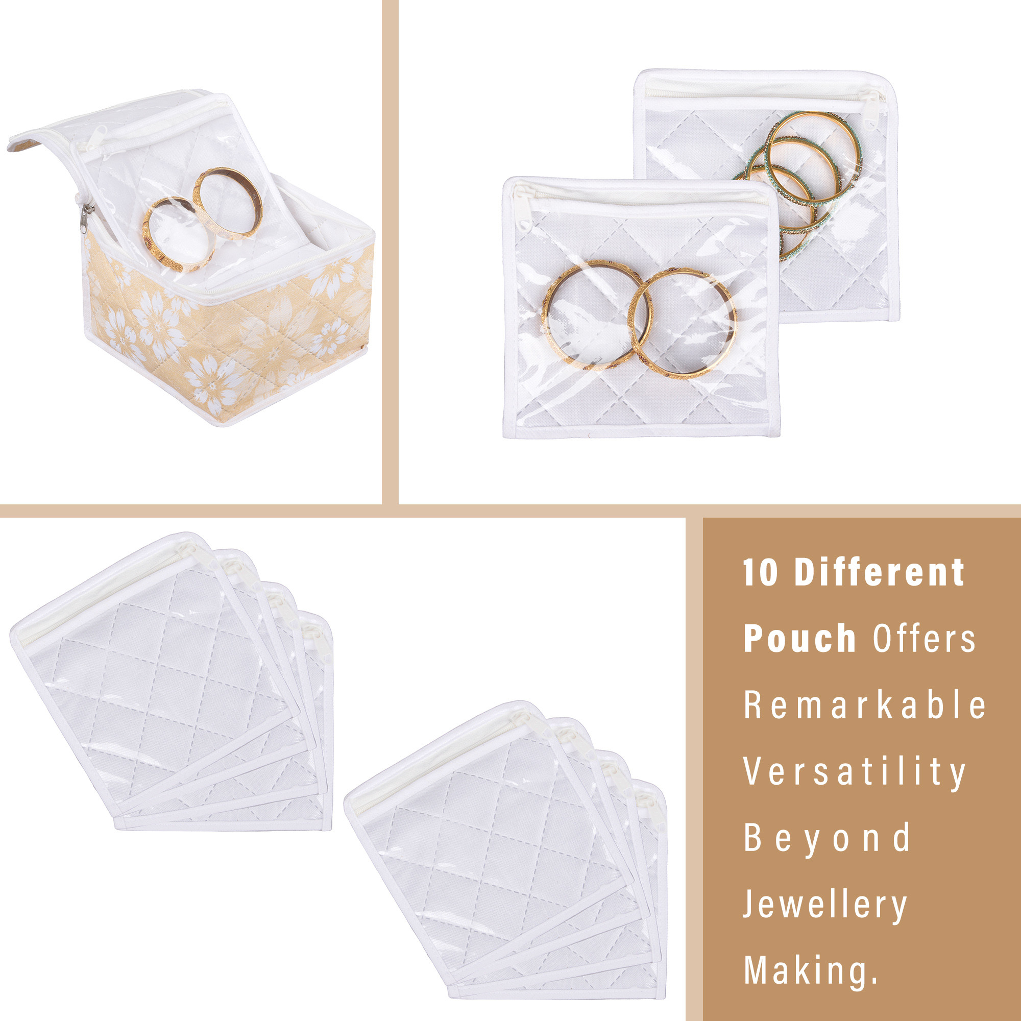 Kuber Industries Makeup Storage Bag  Waterproof Watches Organizer  Jewellery Kit for Woman  10 Detachable Pouch  Square Locker Kit for Travel  Flower Quilted  Golden