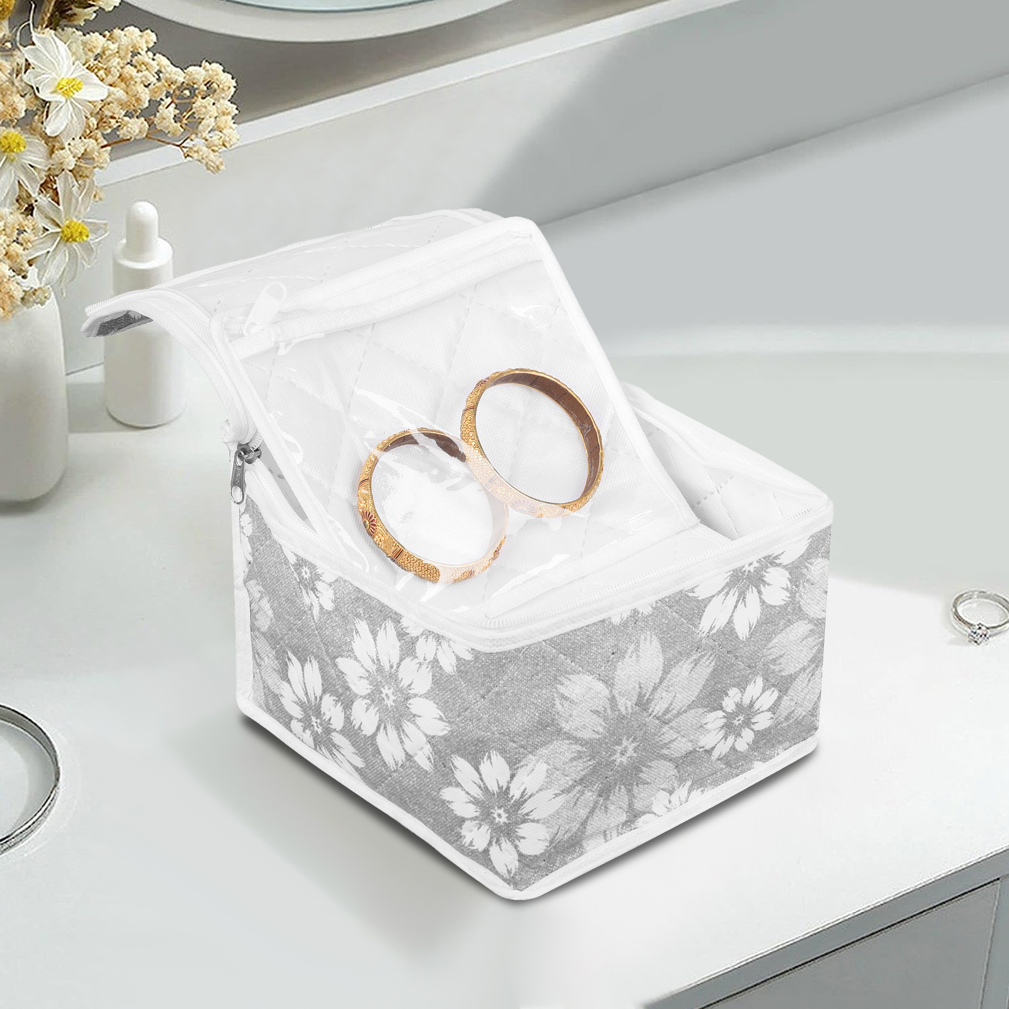 Kuber Industries Makeup Storage Bag  Waterproof Watches Organizer  Jewellery Kit for Woman  10 Detachable Pouch  Square Locker Kit for Travel  Flower Quilted  Gray