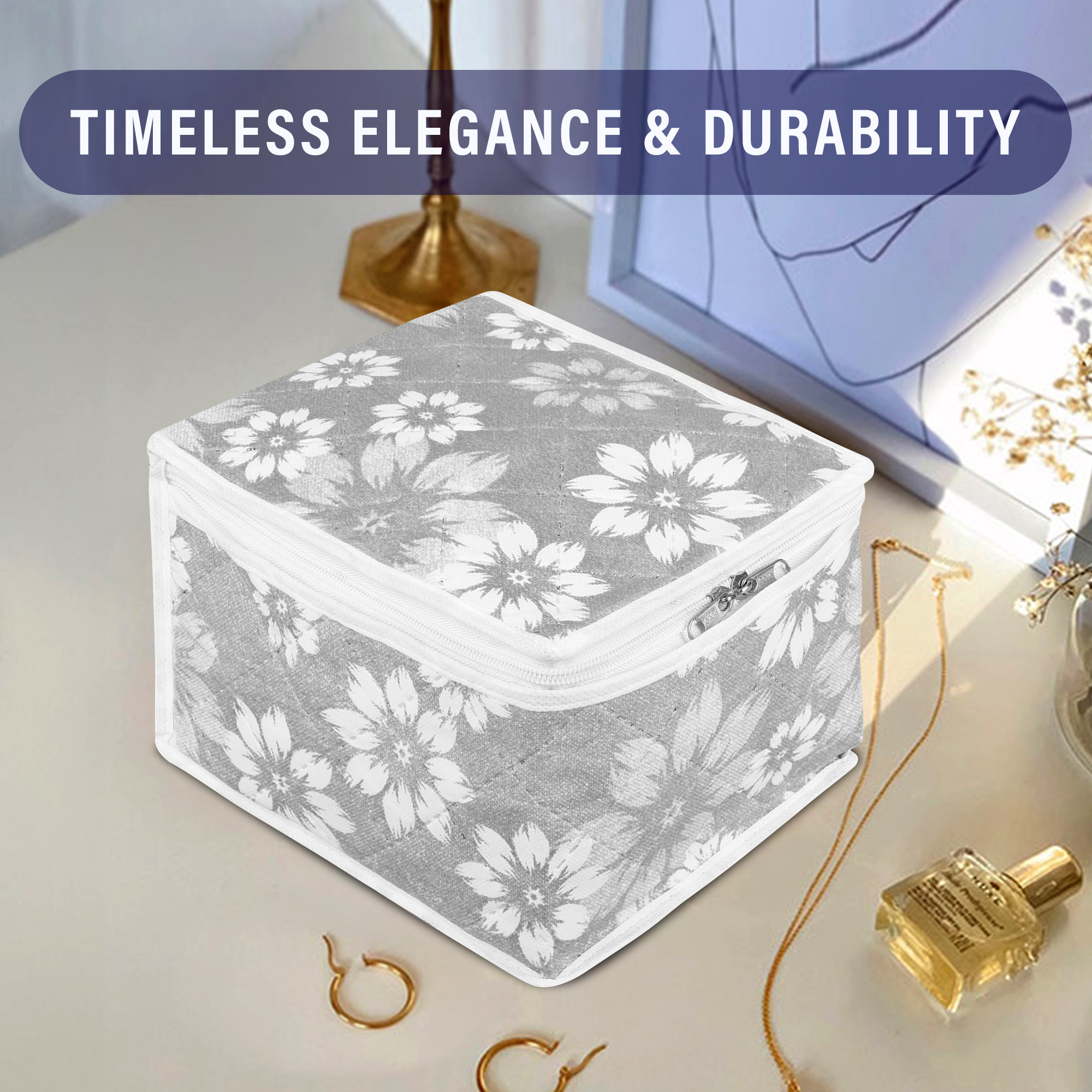 Kuber Industries Makeup Storage Bag  Waterproof Watches Organizer  Jewellery Kit for Woman  10 Detachable Pouch  Square Locker Kit for Travel  Flower Quilted  Gray