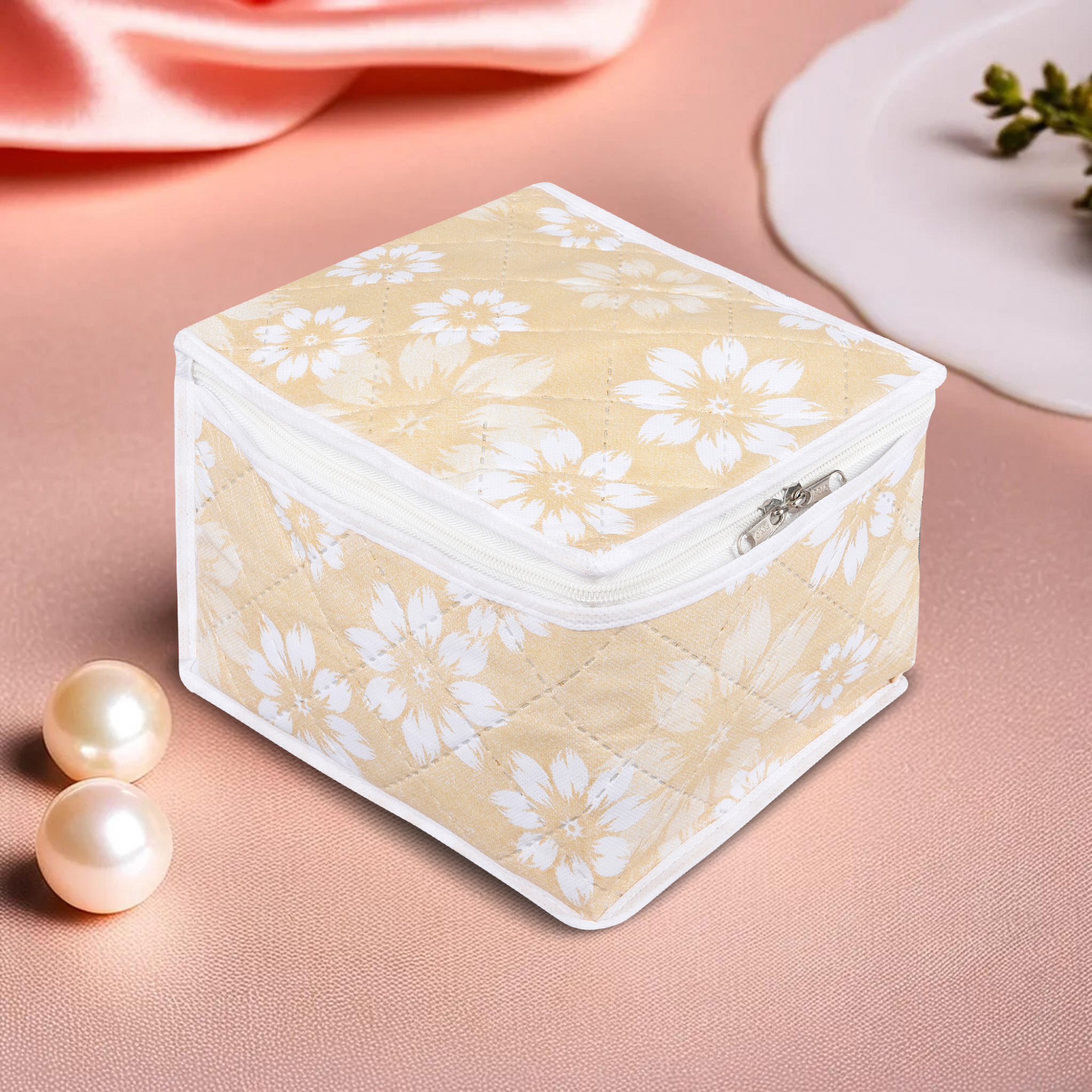Kuber Industries Makeup Storage Bag  Waterproof Watches Organizer  Jewellery Kit for Woman  10 Detachable Pouch  Square Locker Kit for Travel  Flower Quilted  Golden