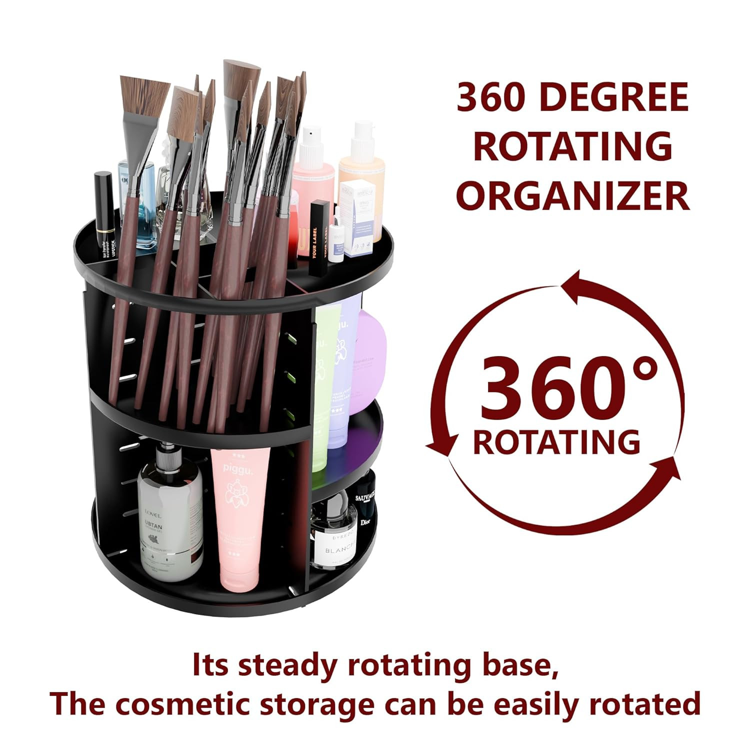 Kuber Industries Makeup Storage Organizer  Cosmetic Organizer Box for Dressing Table  360 Rotating Makeup Organizer Tray  Vanity Countertop Box  Desk Organizer  Black