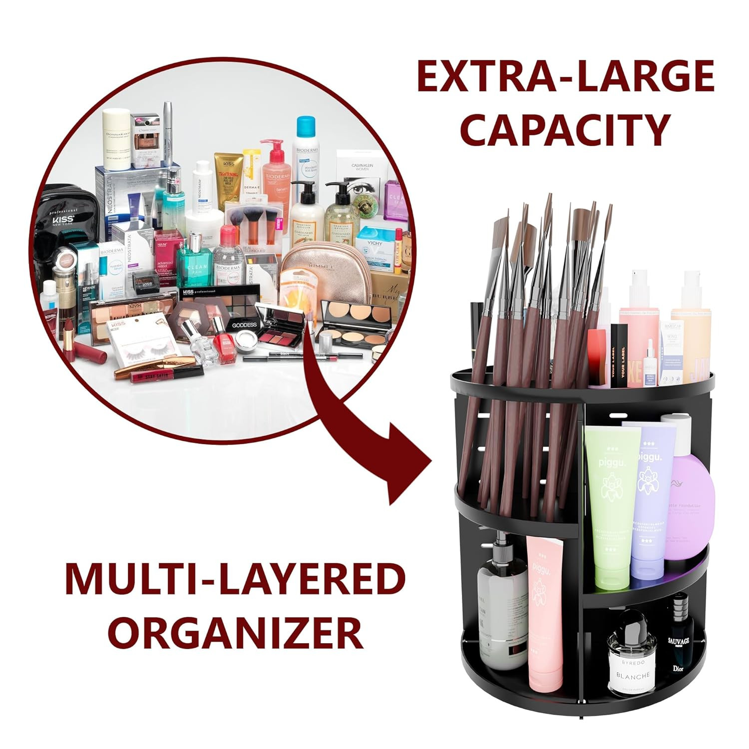 Kuber Industries Makeup Storage Organizer  Cosmetic Organizer Box for Dressing Table  360 Rotating Makeup Organizer Tray  Vanity Countertop Box  Desk Organizer  Black