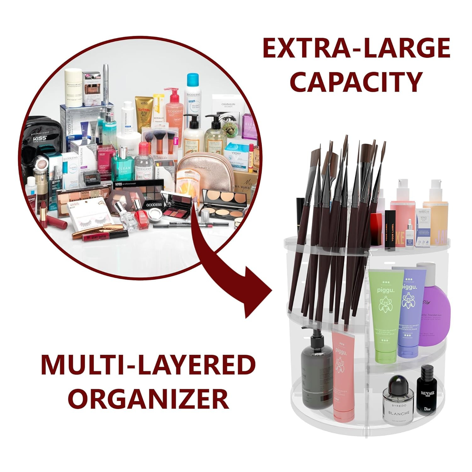 Kuber Industries Makeup Storage Organizer  Cosmetic Organizer Box for Dressing Table  360 Rotating Makeup Organizer Tray  Vanity Countertop Box  Desk Organizer  Transparent