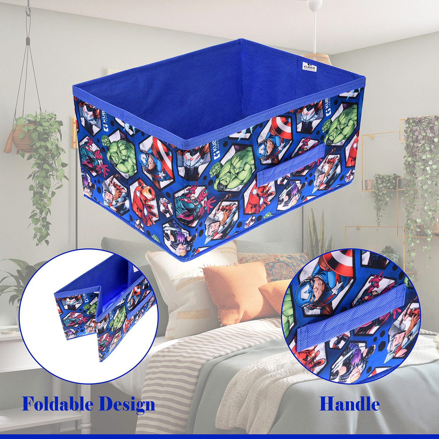 Kuber Industries Marvel Avengers Foldable Storage Box|Non-Woven Rectangular Closet Organizer Box with Handle|Wardrobe Organizer for Clothes|Toys (Blue)