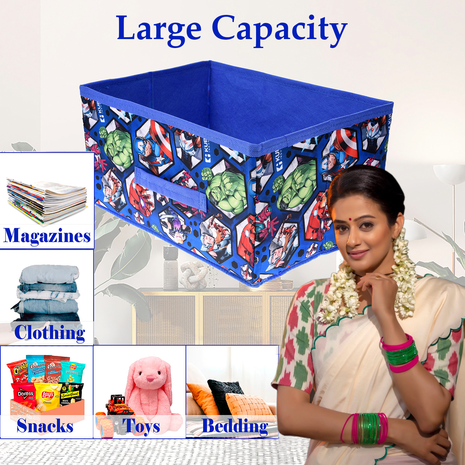 Kuber Industries Marvel Avengers Foldable Storage Box|Non-Woven Rectangular Closet Organizer Box with Handle|Wardrobe Organizer for Clothes|Toys (Blue)