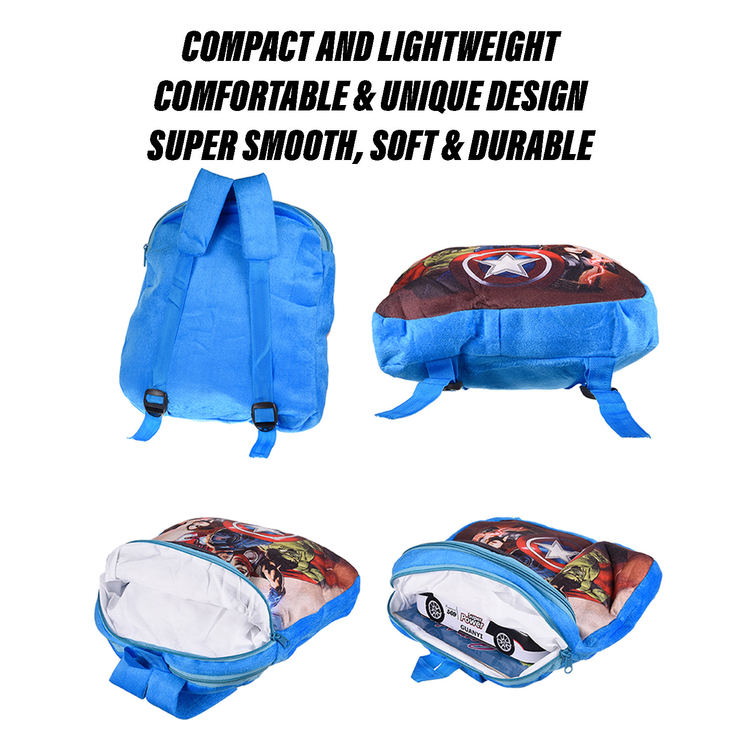 Kuber Industries Marvel Avengers Kids School Bag | School Bag For Boys | School Bag For Girls | 1 Compartment Velvet Bagpack for Kids Travel | School | Blue